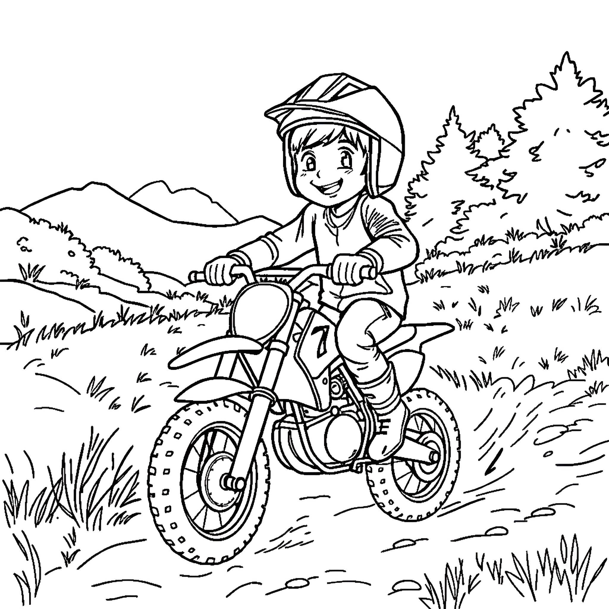 Boy Riding Motorcycle Through Countryside Coloring Page (free black-and-white line drawing printable PDF for all, from beginners to advanced learners, including children, teens, adults, and seniors)