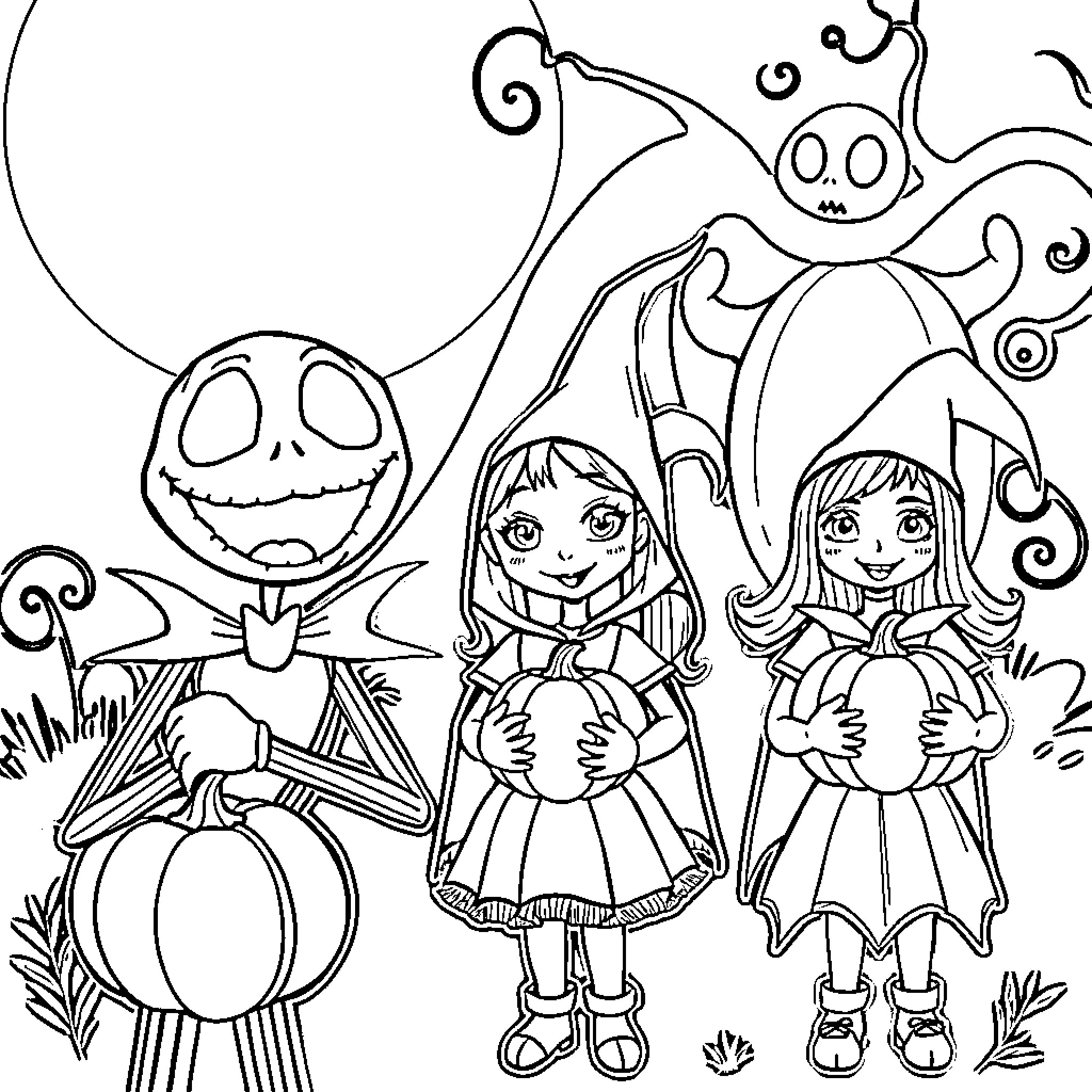 Jack Skellington and friends in a whimsical scene Coloring Page (free black-and-white line drawing printable PDF for all, from beginners to advanced learners, including children, teens, adults, and seniors)