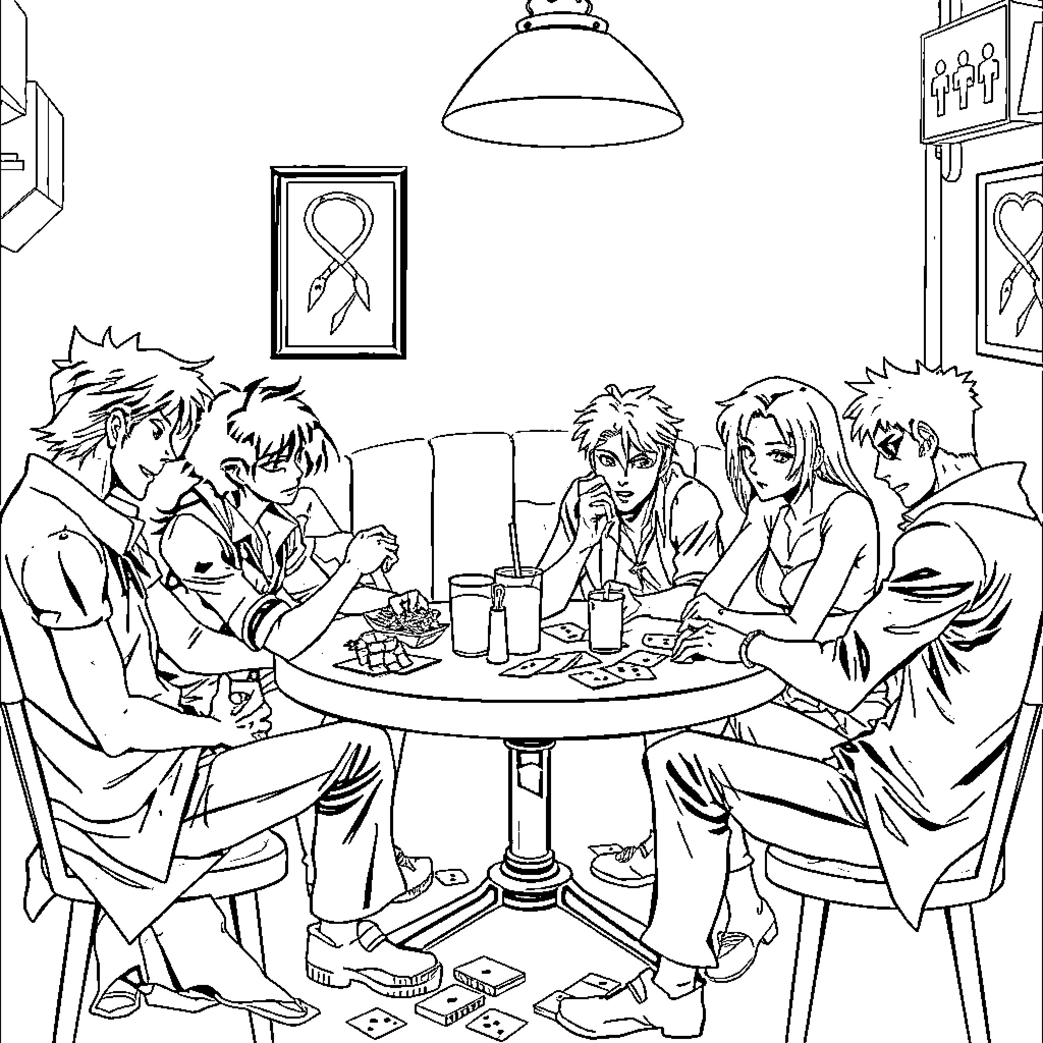 Cowboy Bebop characters in a casual gathering Coloring Page (free black-and-white line drawing printable PDF for all, from beginners to advanced learners, including children, teens, adults, and seniors)