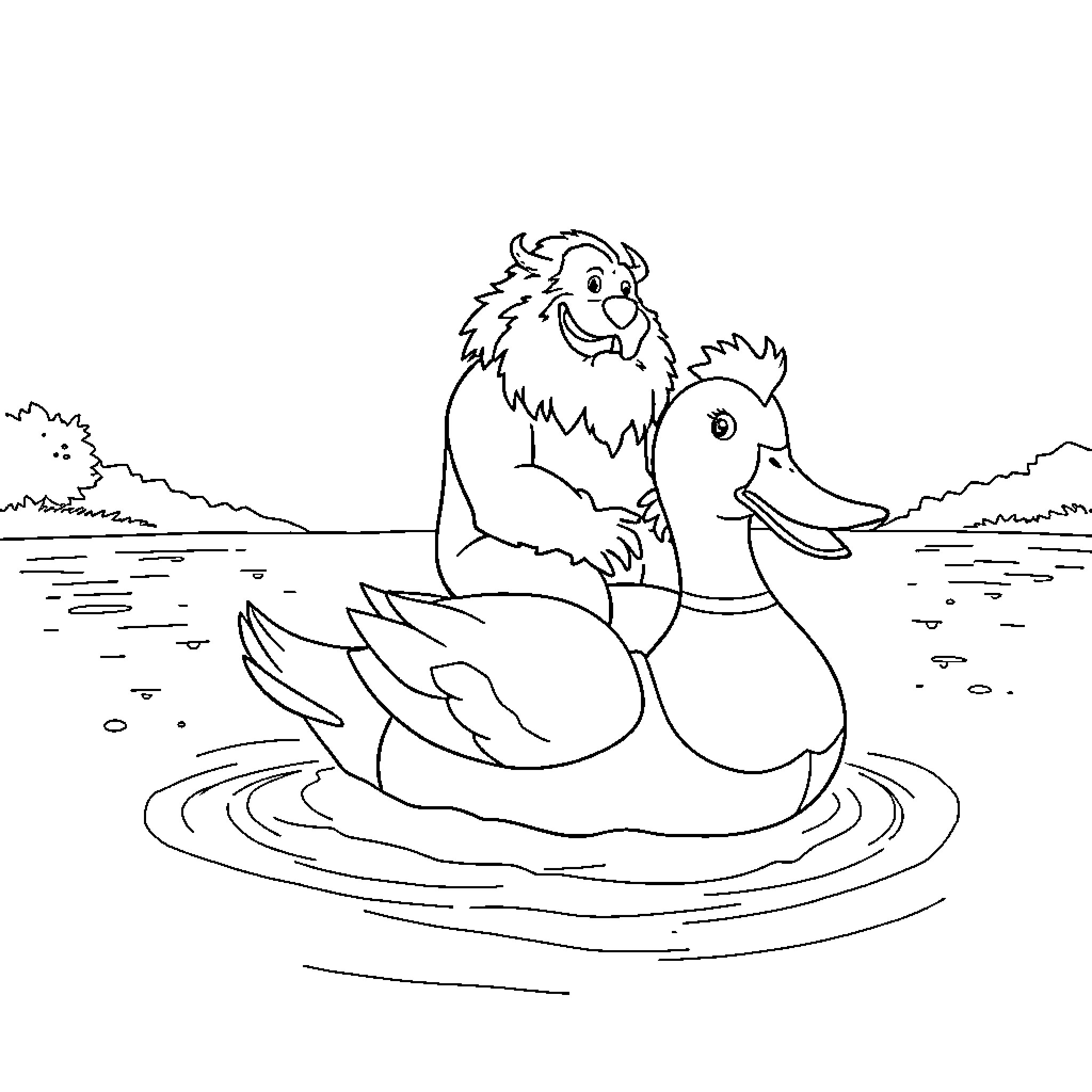 Mr Beast Enjoying a Playful Duck Ride Coloring Page (free black-and-white line drawing printable PDF for all, from beginners to advanced learners, including children, teens, adults, and seniors)