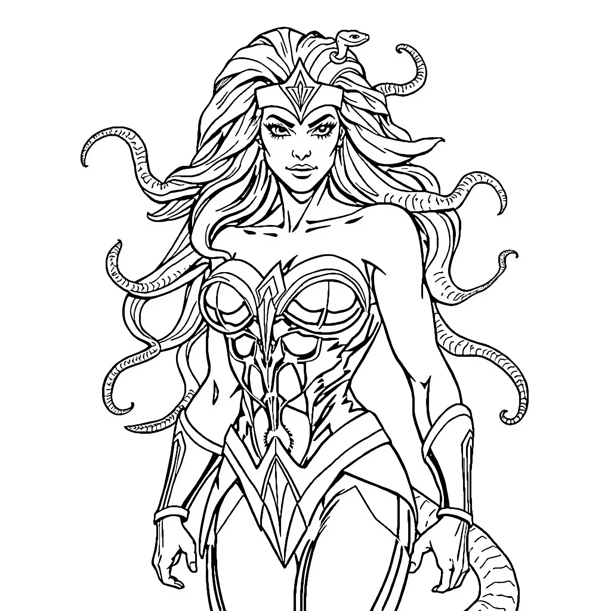 Medusa, the Mythical Gorgon Warrior Coloring Page (free black-and-white line drawing printable PDF for all, from beginners to advanced learners, including children, teens, adults, and seniors)