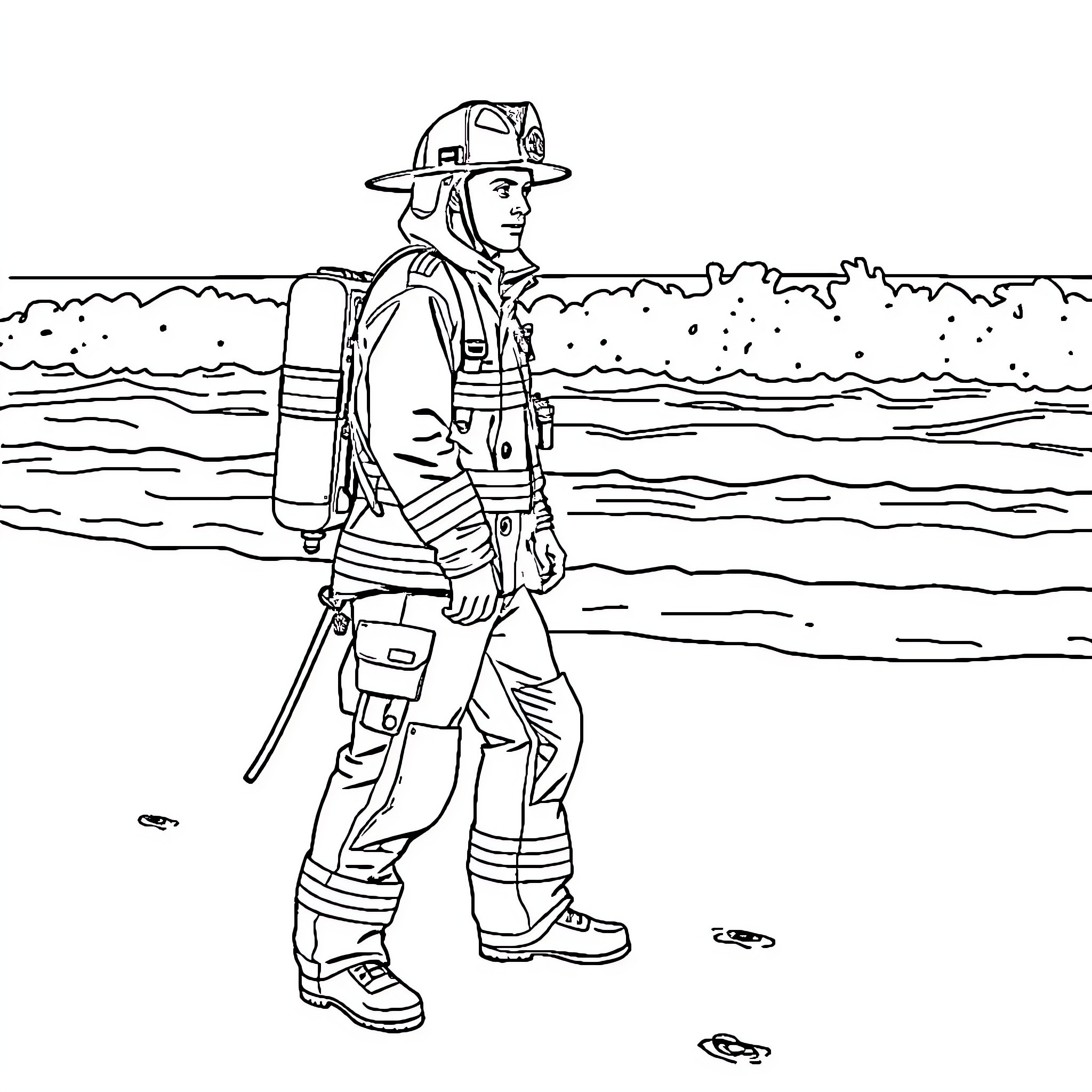 Fireman standing on the beach with equipment Coloring Page (free black-and-white line drawing printable PDF for all, from beginners to advanced learners, including children, teens, adults, and seniors)