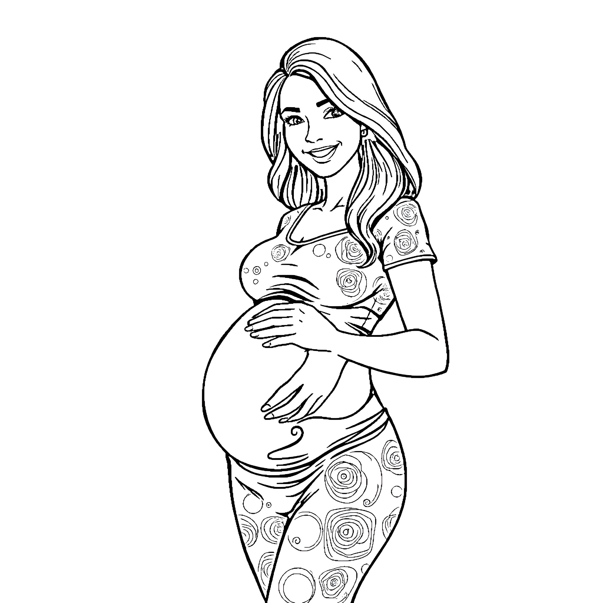 Pregnant woman with floral dress posing happily Coloring Page (free black-and-white line drawing printable PDF for all, from beginners to advanced learners, including children, teens, adults, and seniors)