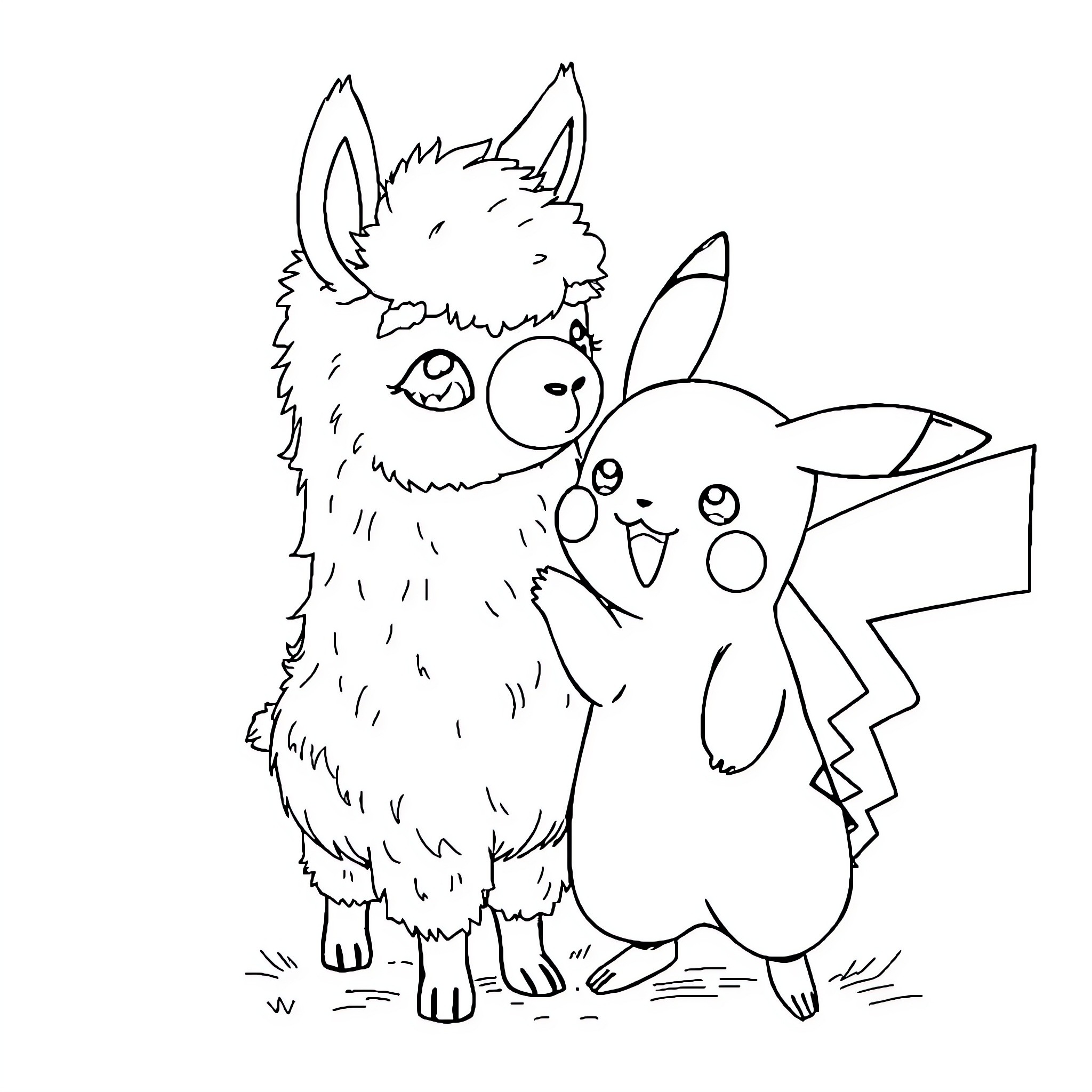 Llama and Pikachu playing together Coloring Page (free black-and-white line drawing printable PDF for all, from beginners to advanced learners, including children, teens, adults, and seniors)