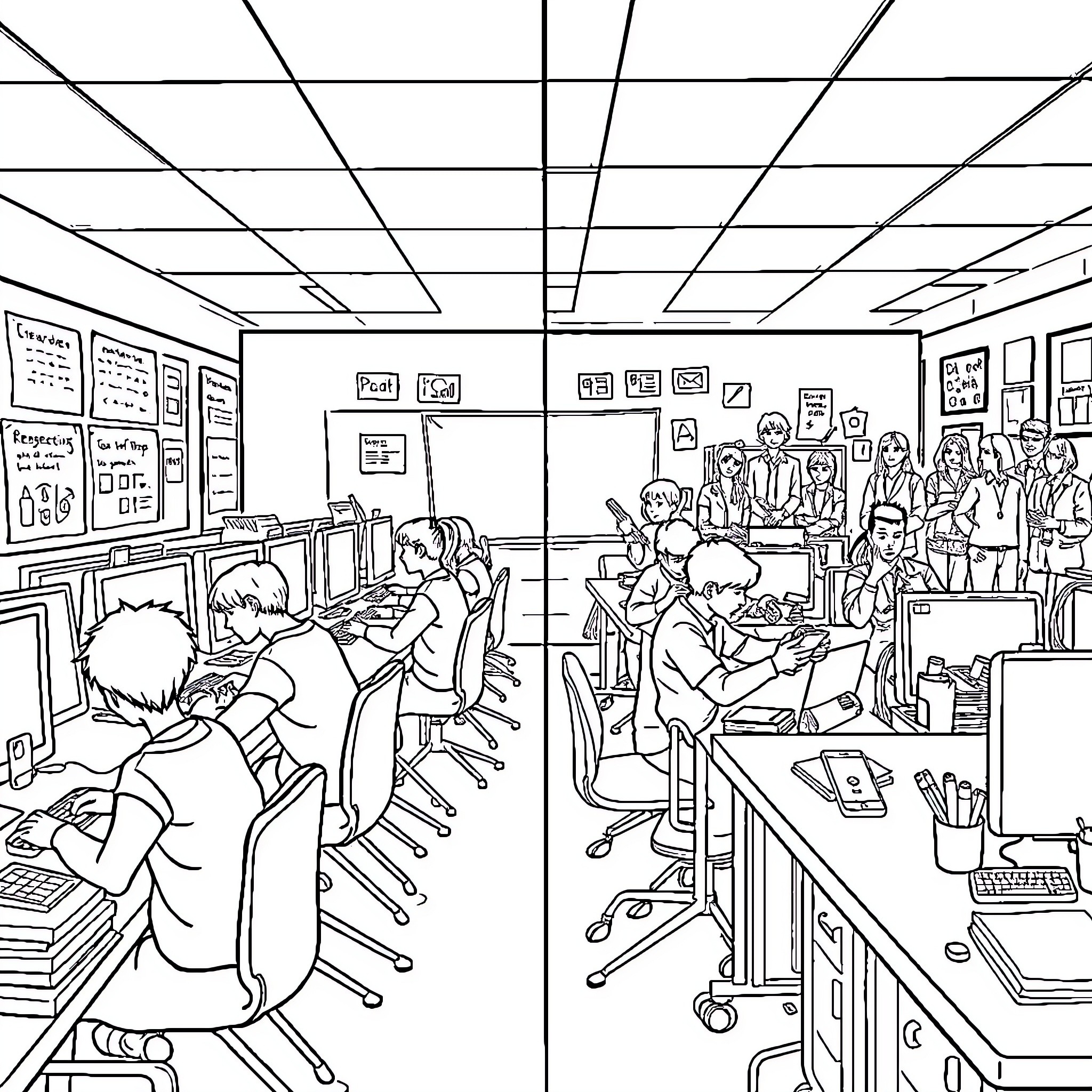 Classroom filled with busy students studying and working Coloring Page (free black-and-white line drawing printable PDF for all, from beginners to advanced learners, including children, teens, adults, and seniors)