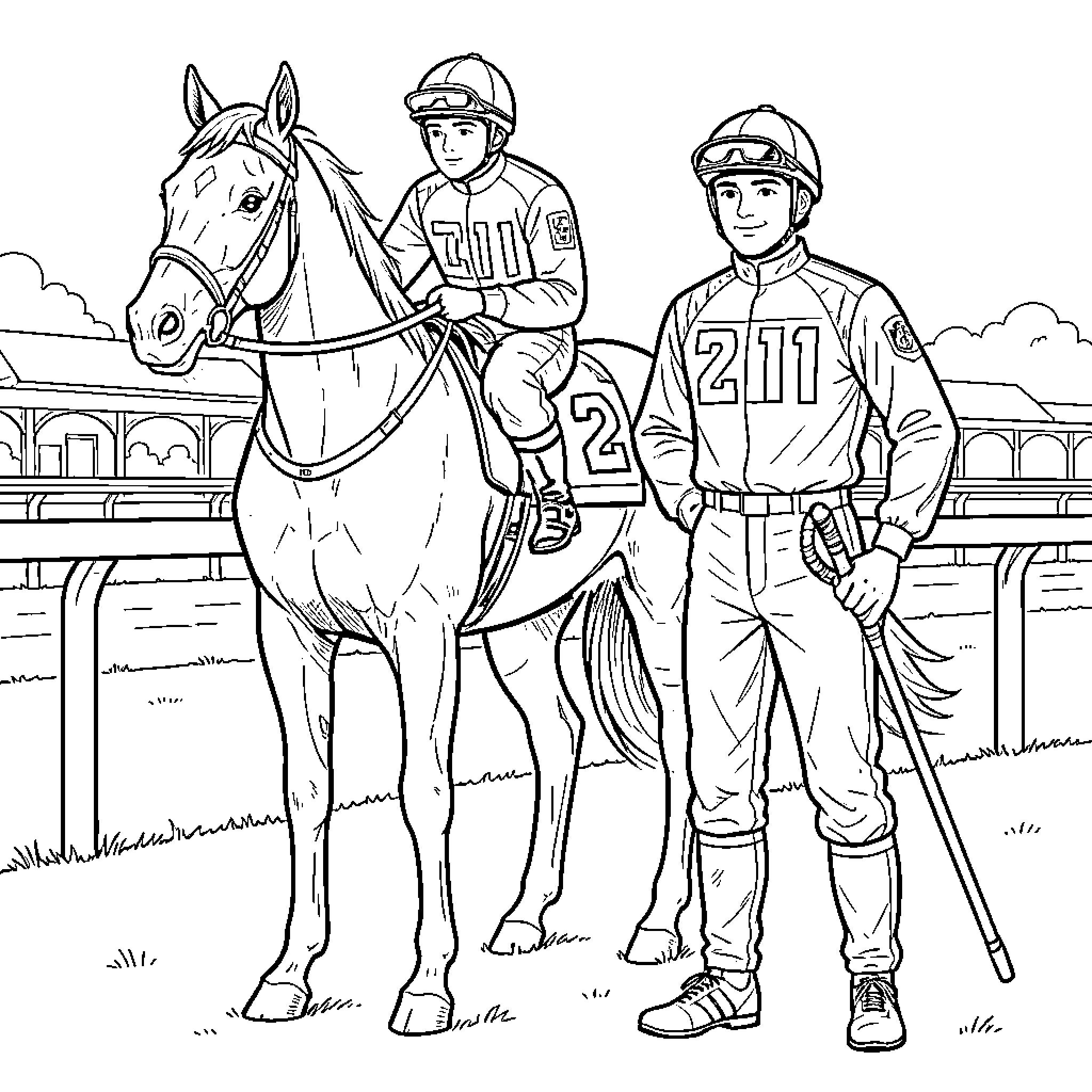Horse with a rider and a trainer at the track Coloring Page (free black-and-white line drawing printable PDF for all, from beginners to advanced learners, including children, teens, adults, and seniors)