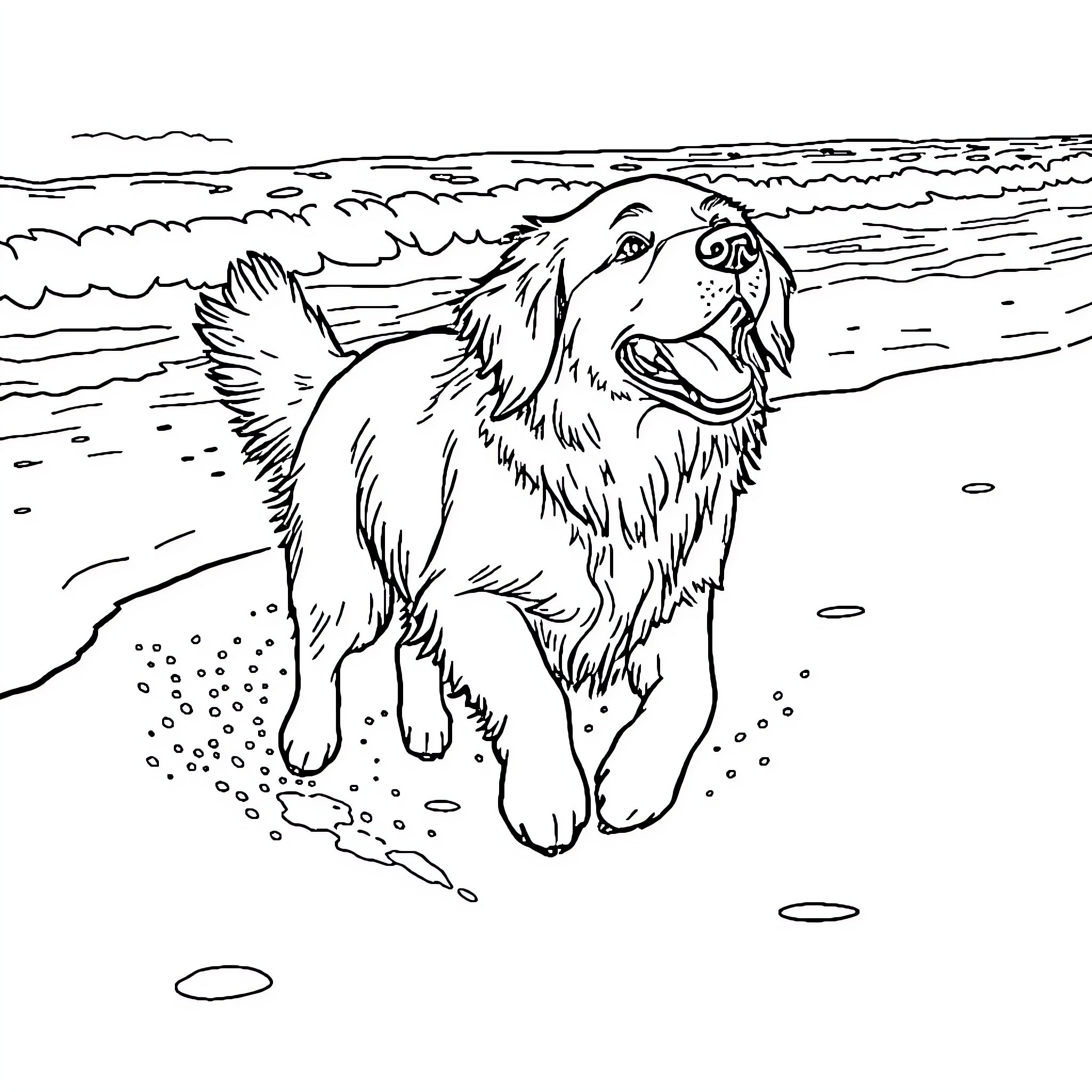 Golden Retriever Running Happily on Beach Coloring Page (free black-and-white line drawing printable PDF for all, from beginners to advanced learners, including children, teens, adults, and seniors)