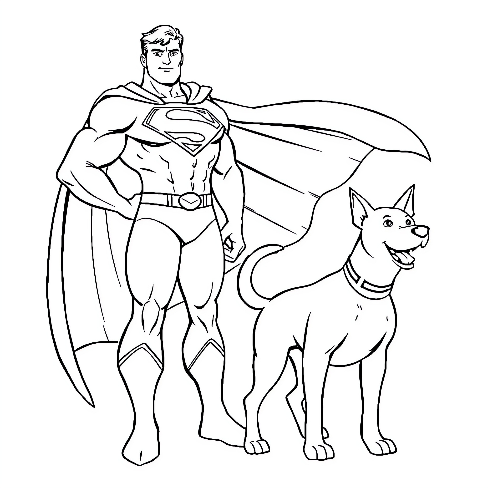 Superman and his loyal canine companion Coloring Page (free black-and-white line drawing printable PDF for all, from beginners to advanced learners, including children, teens, adults, and seniors)