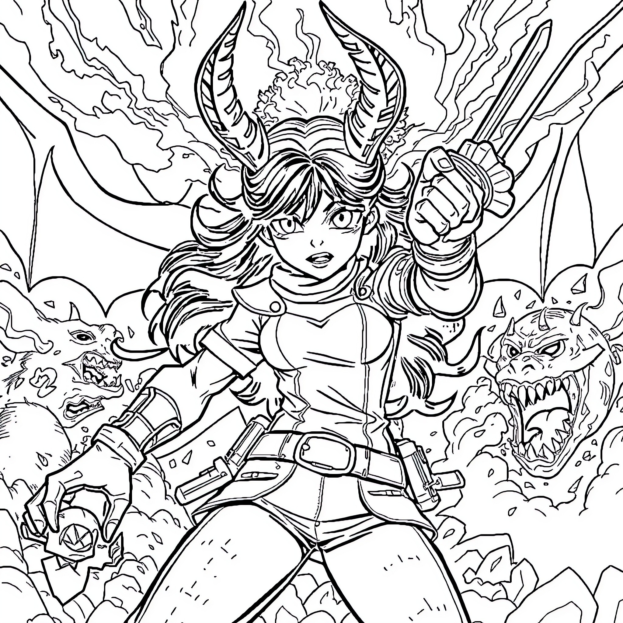 Ruby's Heroic Adventure with Mythical Creatures Coloring Page (free black-and-white line drawing printable PDF for all, from beginners to advanced learners, including children, teens, adults, and seniors)