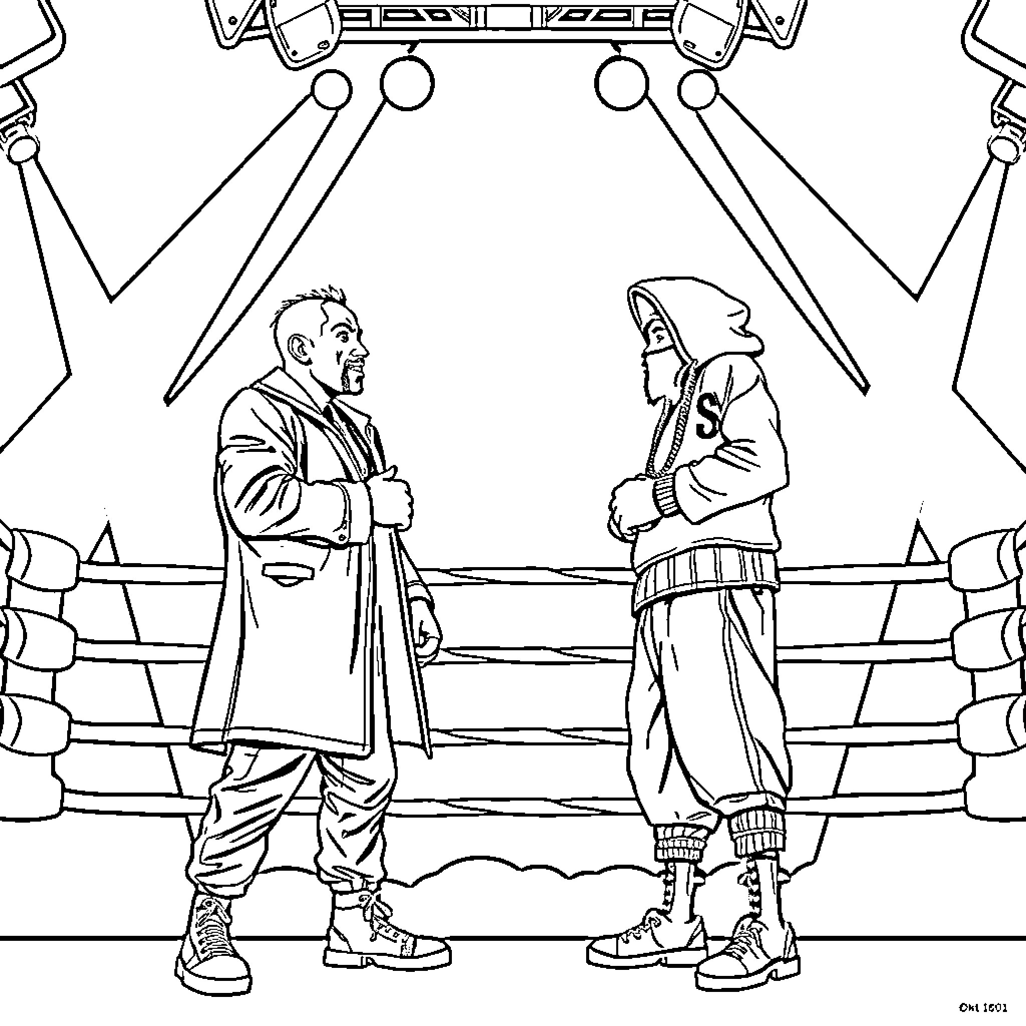 Rap Battle in the Spotlight Coloring Page (free black-and-white line drawing printable PDF for all, from beginners to advanced learners, including children, teens, adults, and seniors)