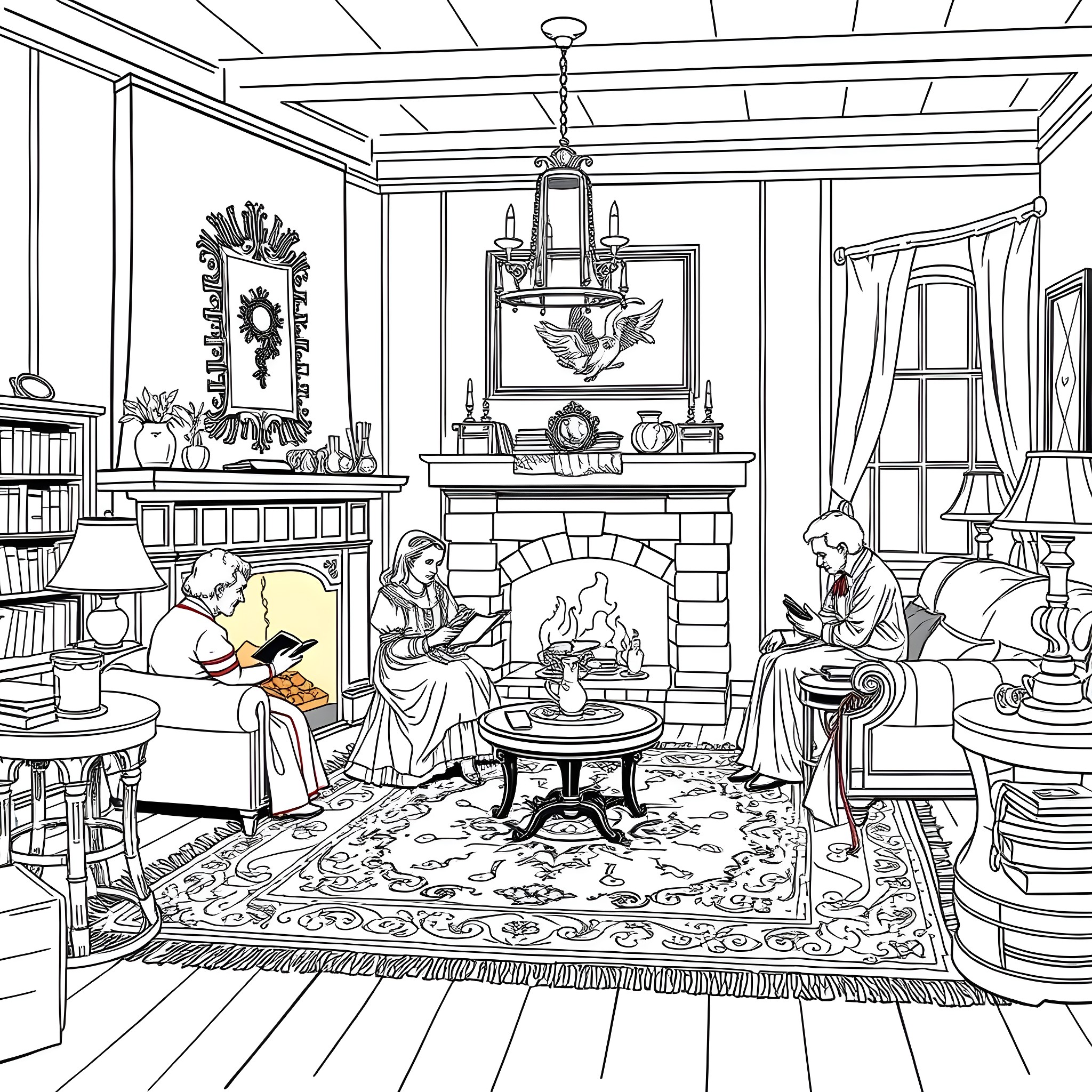 Family enjoying cozy evening by the fireplace Coloring Page (free black-and-white line drawing printable PDF for all, from beginners to advanced learners, including children, teens, adults, and seniors)