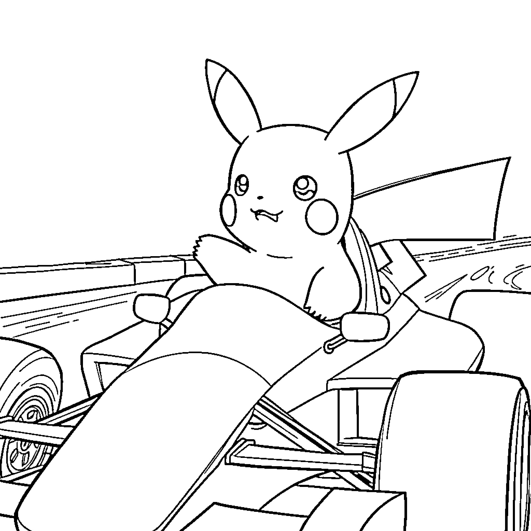 Pikachu driving a vehicle Coloring Page (free black-and-white line drawing printable PDF for all, from beginners to advanced learners, including children, teens, adults, and seniors)