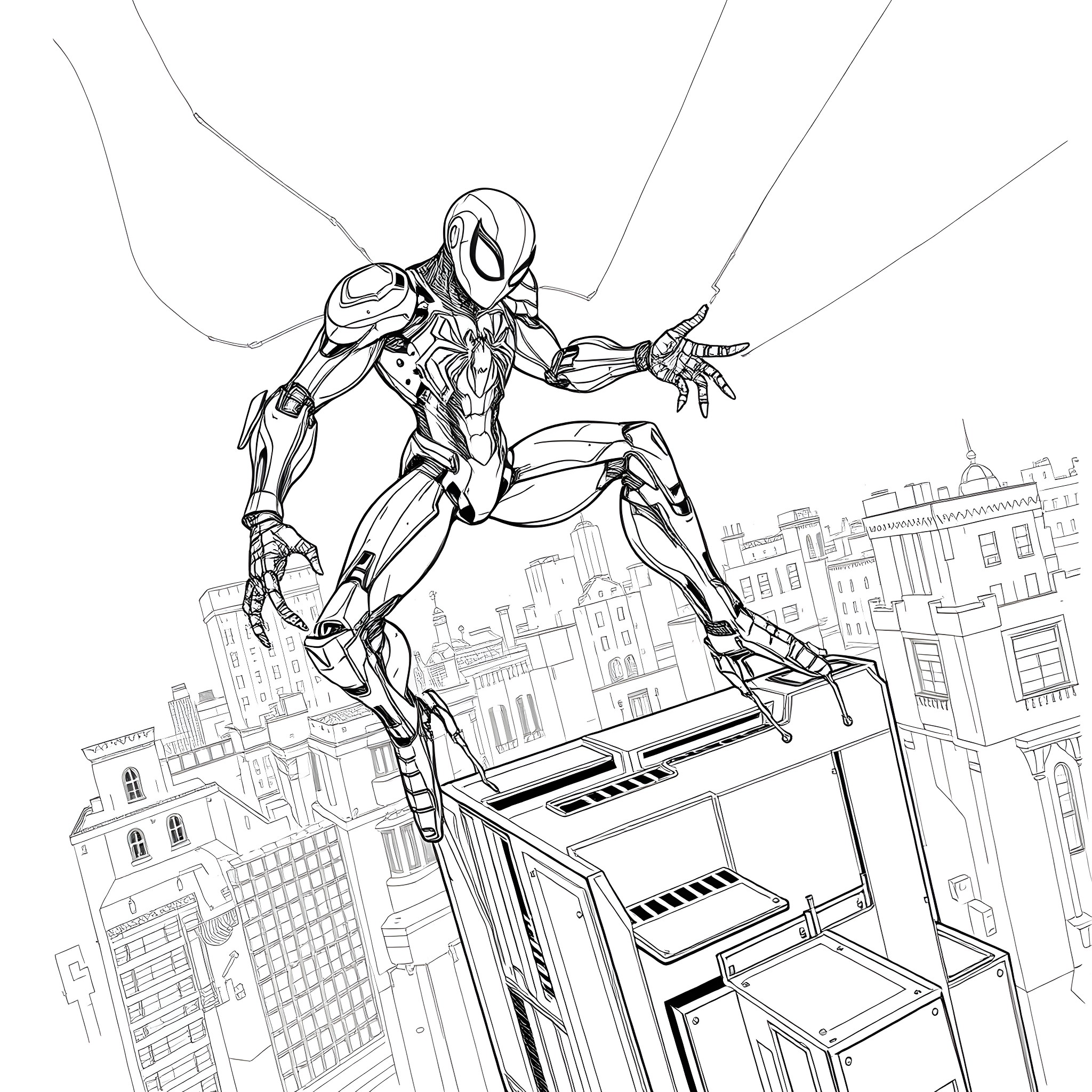 Mecha Spiderman soaring through the city skyline Coloring Page (free black-and-white line drawing printable PDF for all, from beginners to advanced learners, including children, teens, adults, and seniors)