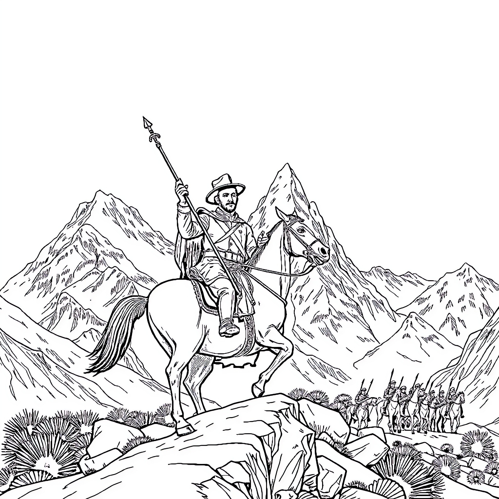 General Jose de San Martin on horseback leading his troops in the mountains Coloring Page (free black-and-white line drawing printable PDF for all, from beginners to advanced learners, including children, teens, adults, and seniors)