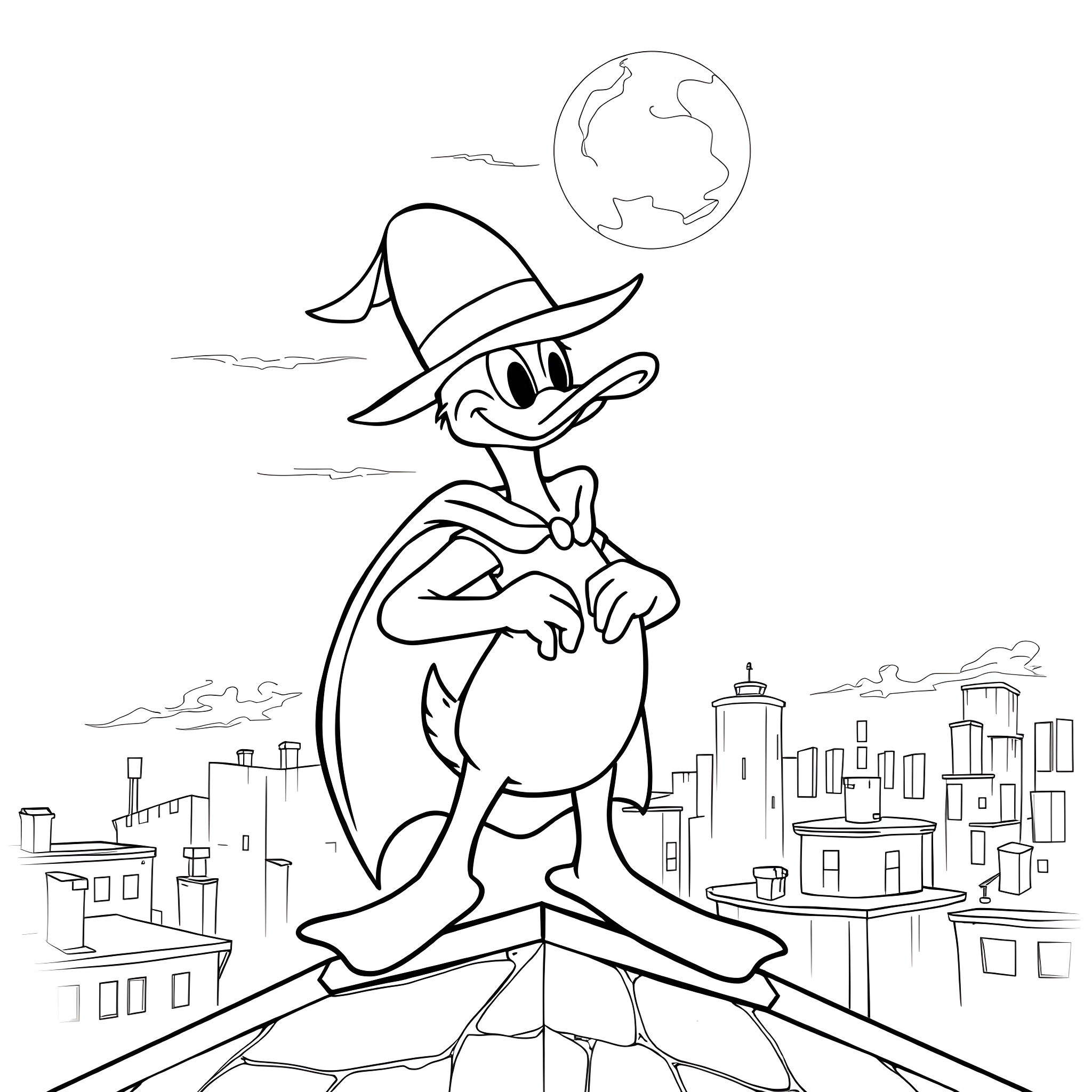 Darkwing Duck on a nighttime adventure in the city Coloring Page (free black-and-white line drawing printable PDF for all, from beginners to advanced learners, including children, teens, adults, and seniors)