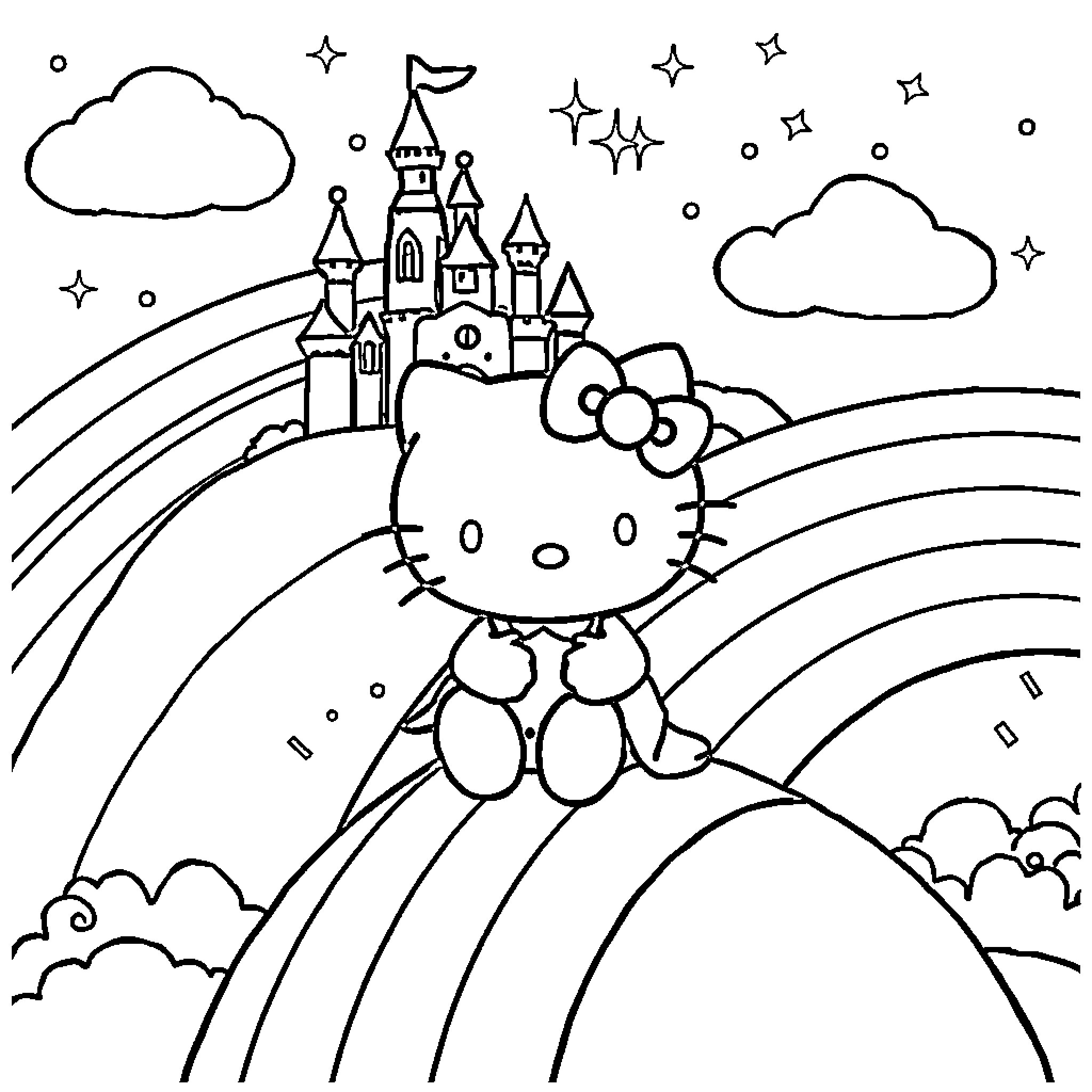 Hello Kitty at the Magical Castle Coloring Page (free black-and-white line drawing printable PDF for all, from beginners to advanced learners, including children, teens, adults, and seniors)