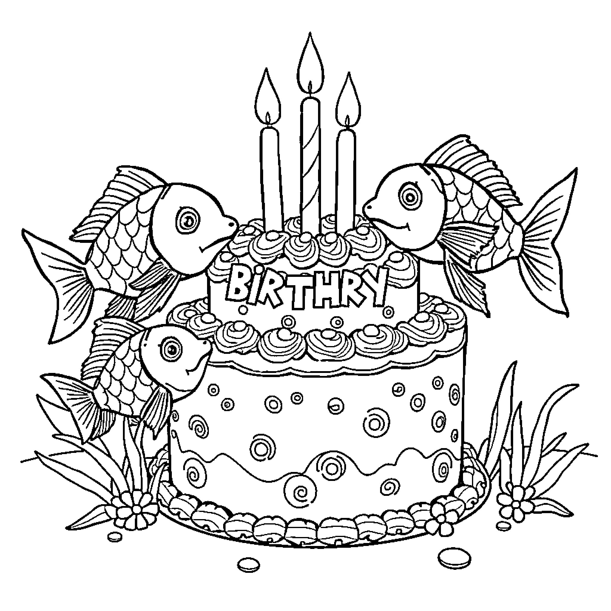 Fish celebrating a Birthday with cake and candles Coloring Page (free black-and-white line drawing printable PDF for all, from beginners to advanced learners, including children, teens, adults, and seniors)