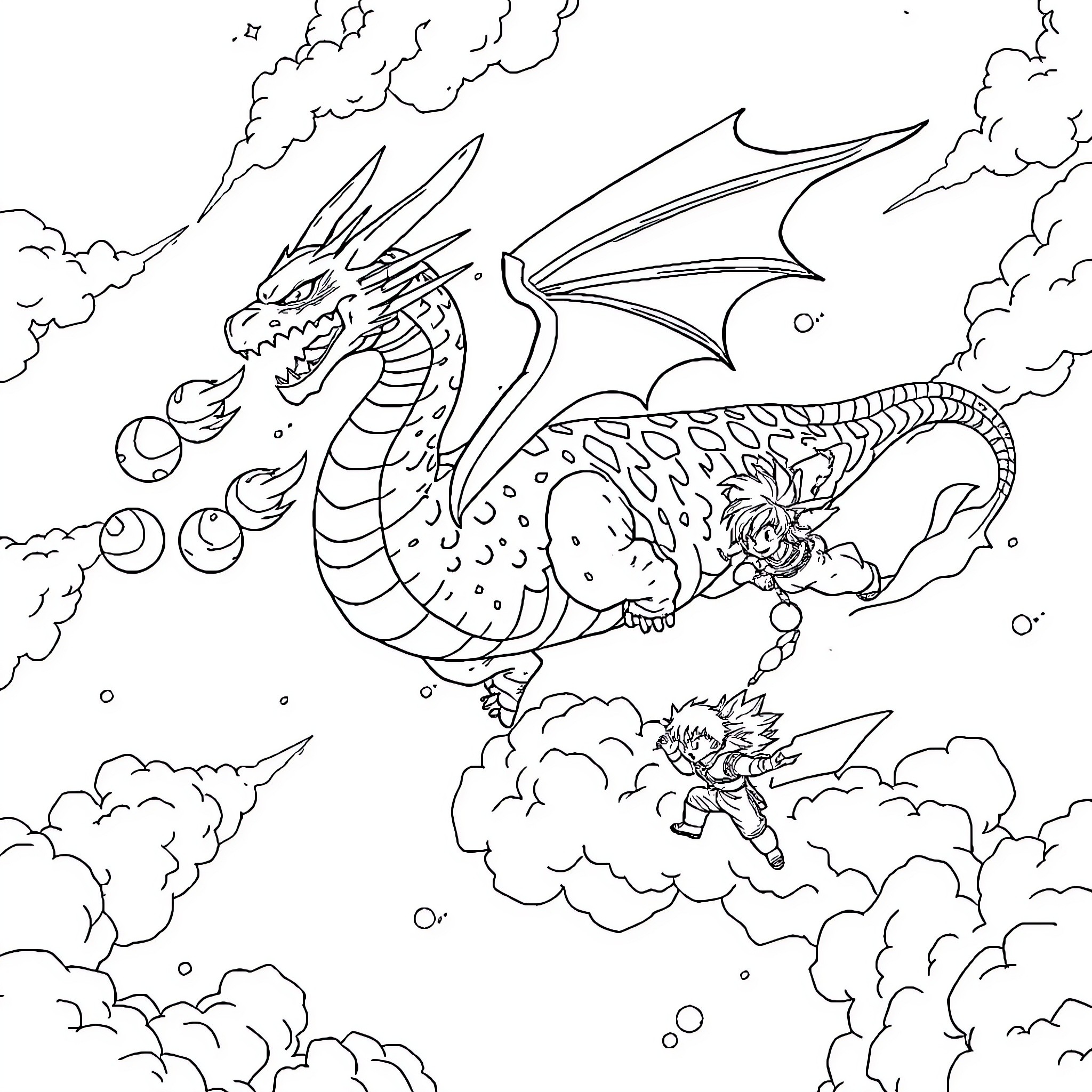 Dragon soaring through the cloudy skies Coloring Page (free black-and-white line drawing printable PDF for all, from beginners to advanced learners, including children, teens, adults, and seniors)