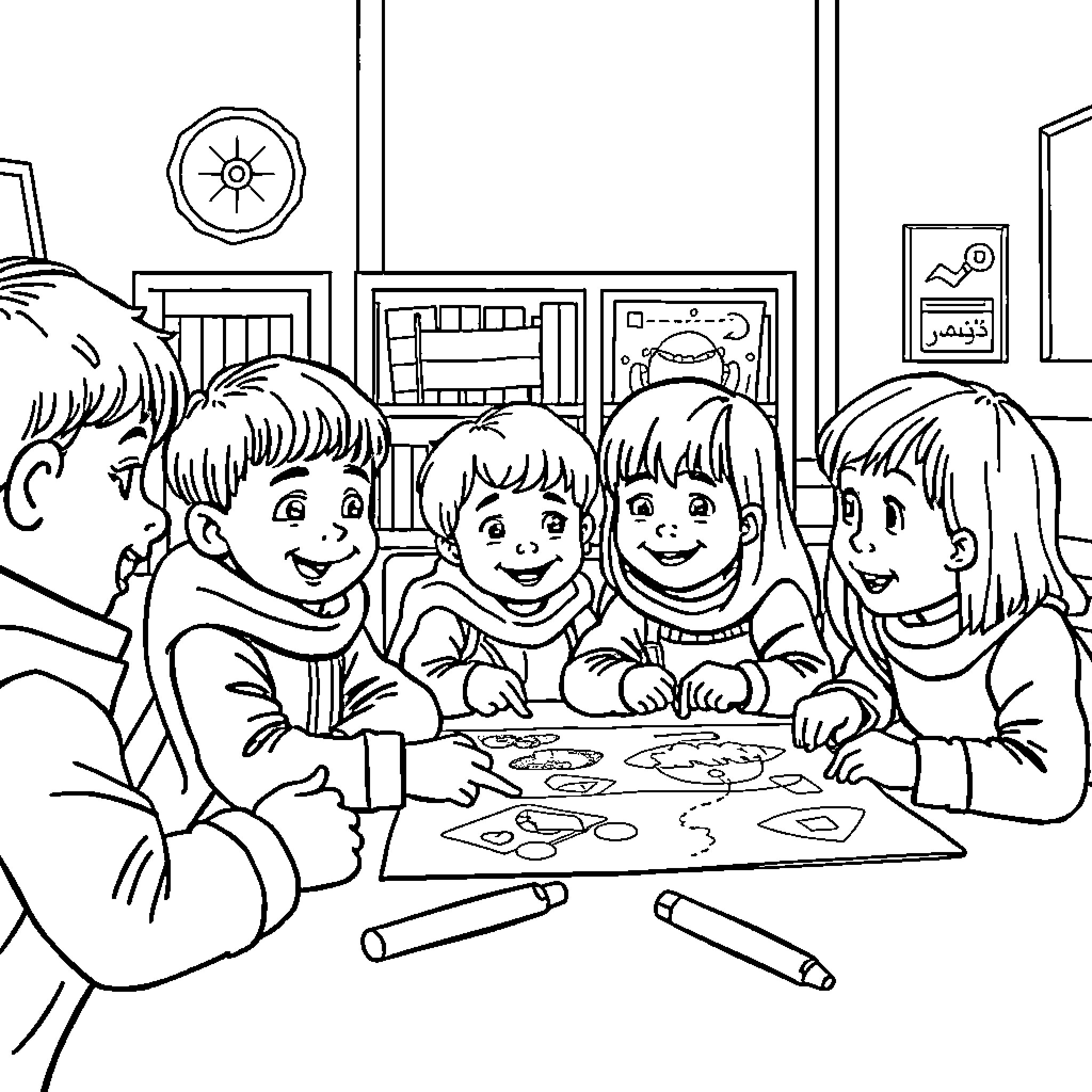 Child creating art with friends in classroom Coloring Page (free black-and-white line drawing printable PDF for all, from beginners to advanced learners, including children, teens, adults, and seniors)