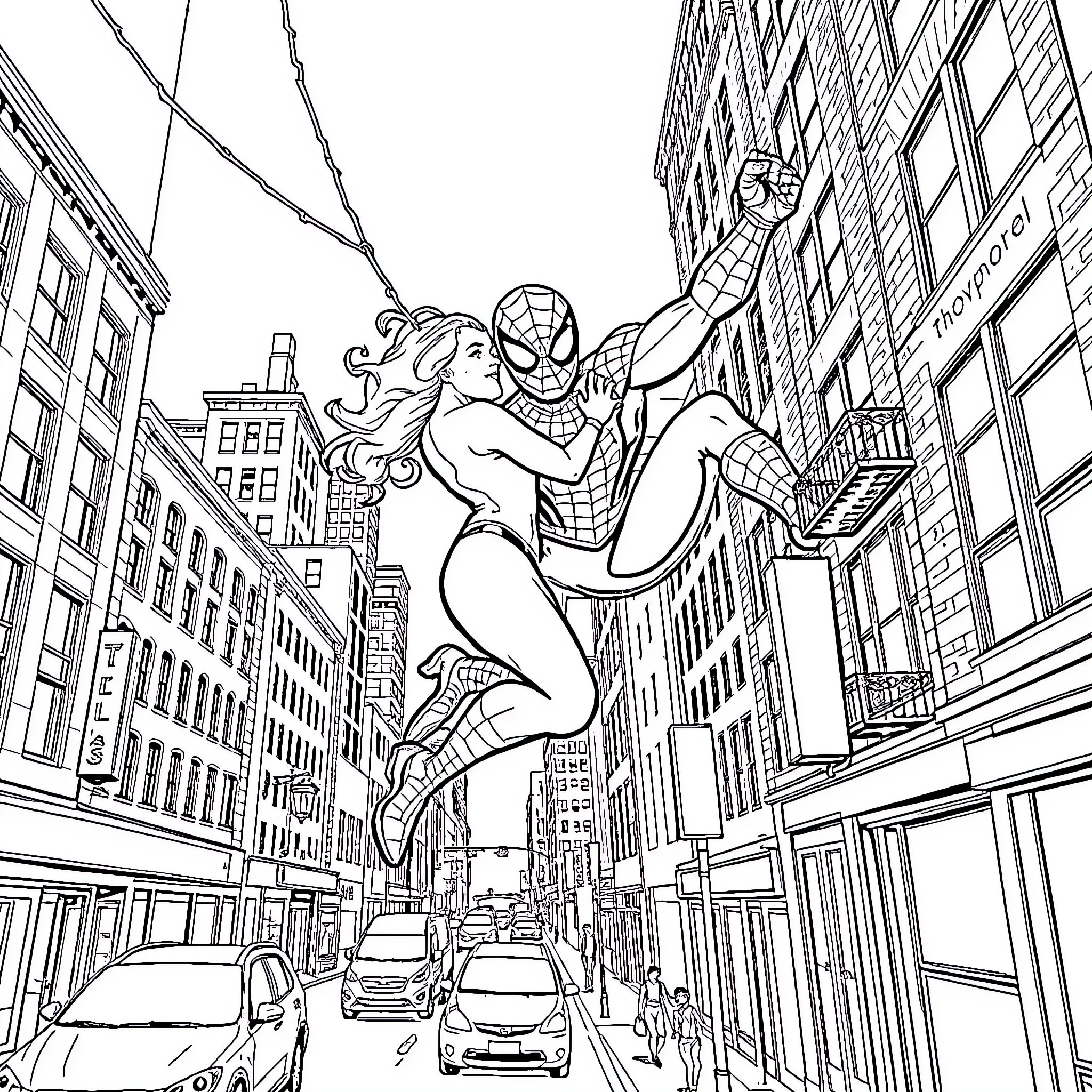Spiderman swinging through the city with passion Coloring Page (free black-and-white line drawing printable PDF for all, from beginners to advanced learners, including children, teens, adults, and seniors)