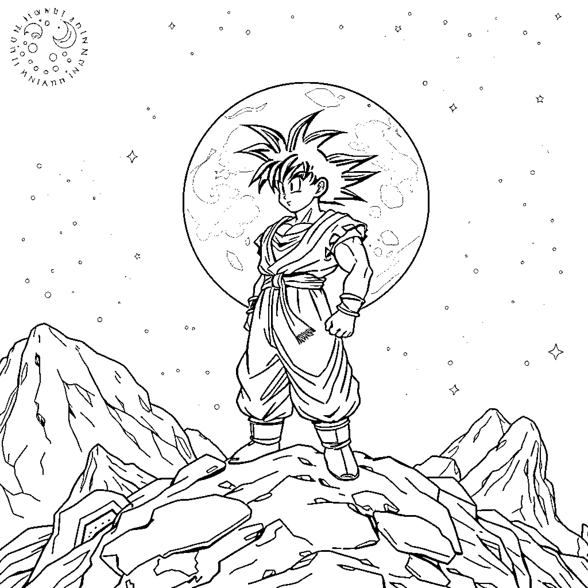 Goku stands triumphantly atop a rocky mountain Coloring Page (free black-and-white line drawing printable PDF for all, from beginners to advanced learners, including children, teens, adults, and seniors)