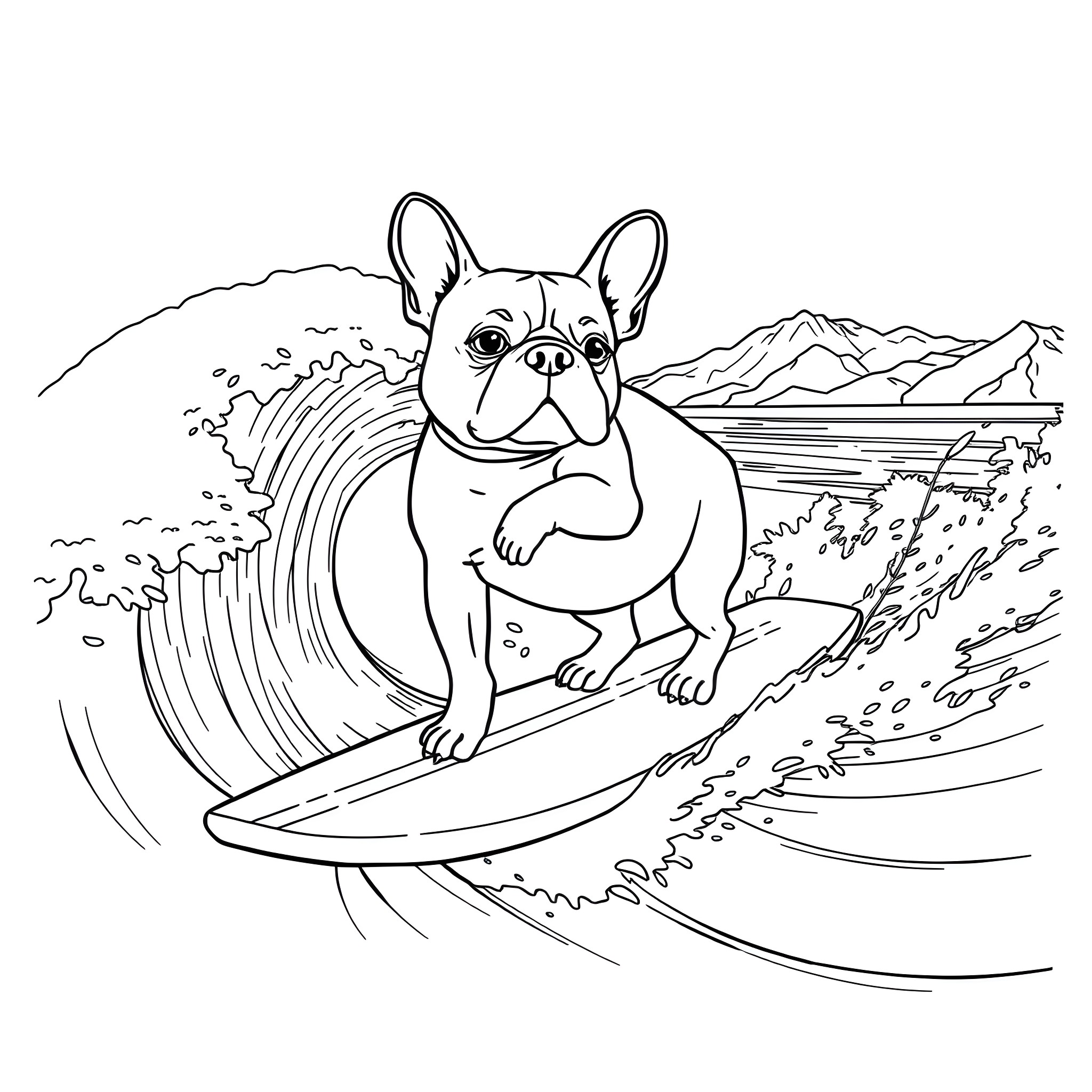 French Bulldog surfing the waves Coloring Page (free black-and-white line drawing printable PDF for all, from beginners to advanced learners, including children, teens, adults, and seniors)