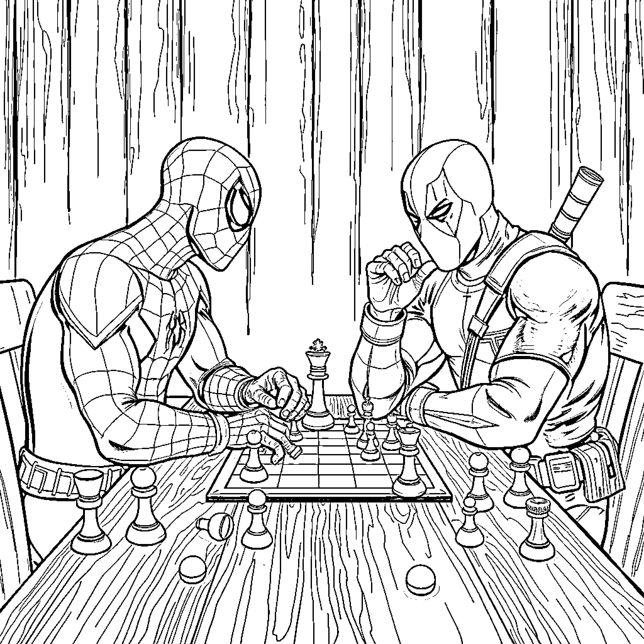 Spider-Man and Deadpool playing chess in a dark alley Coloring Page (free black-and-white line drawing printable PDF for all, from beginners to advanced learners, including children, teens, adults, and seniors)