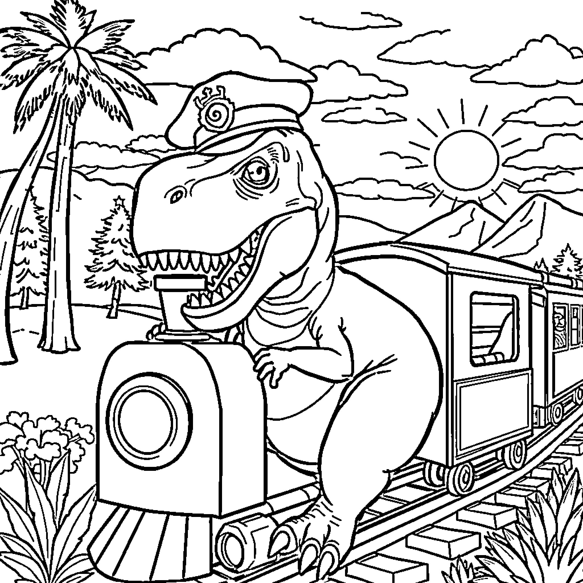 T-Rex Rides the Train through Tropical Landscape Coloring Page (free black-and-white line drawing printable PDF for all, from beginners to advanced learners, including children, teens, adults, and seniors)