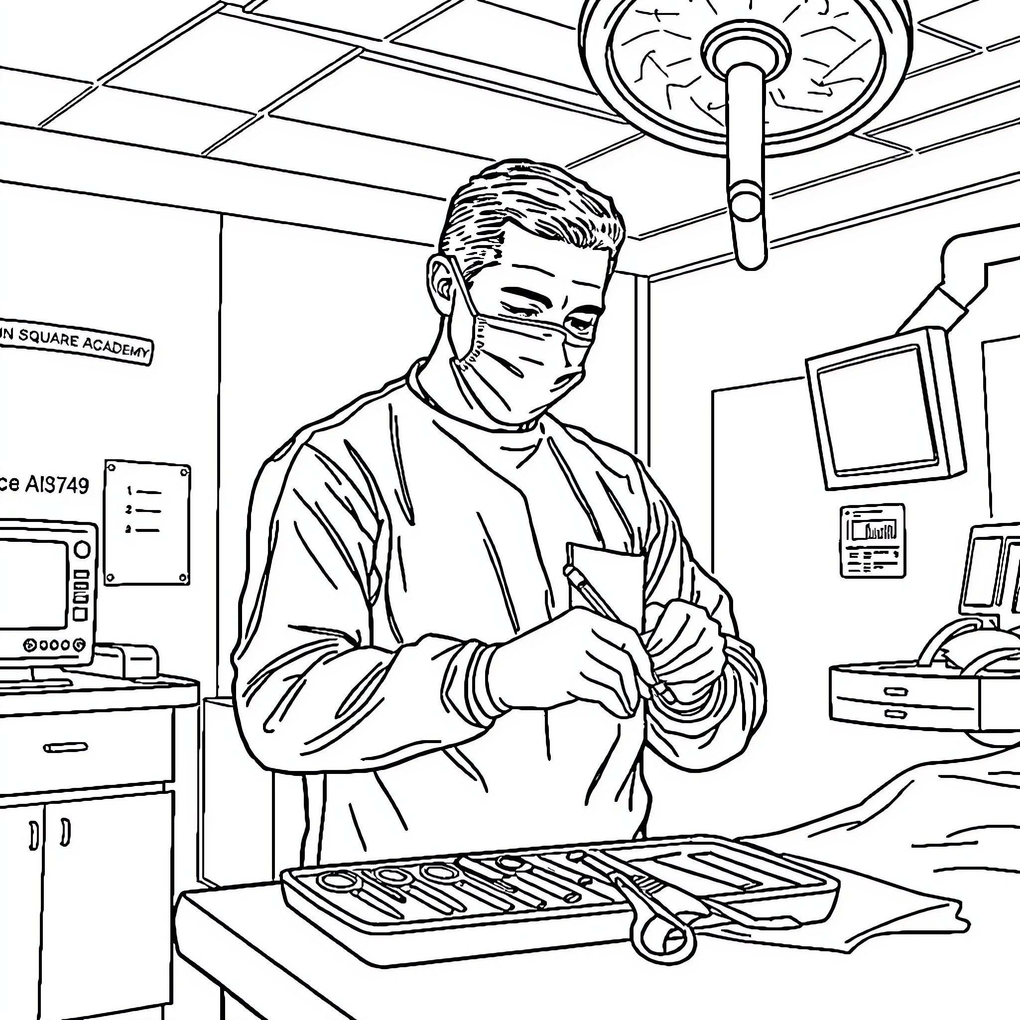 Doctor Examining Medical Equipment in Clinic Coloring Page (free black-and-white line drawing printable PDF for all, from beginners to advanced learners, including children, teens, adults, and seniors)