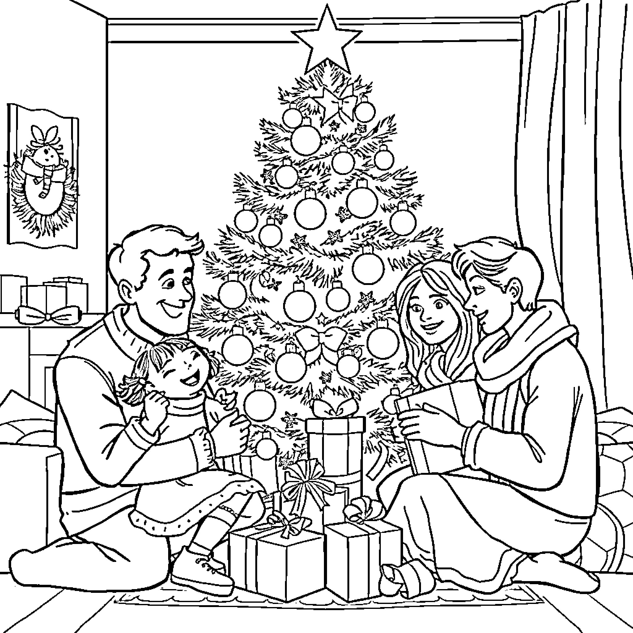 Family Celebrating Christmas Together Coloring Page (free black-and-white line drawing printable PDF for all, from beginners to advanced learners, including children, teens, adults, and seniors)