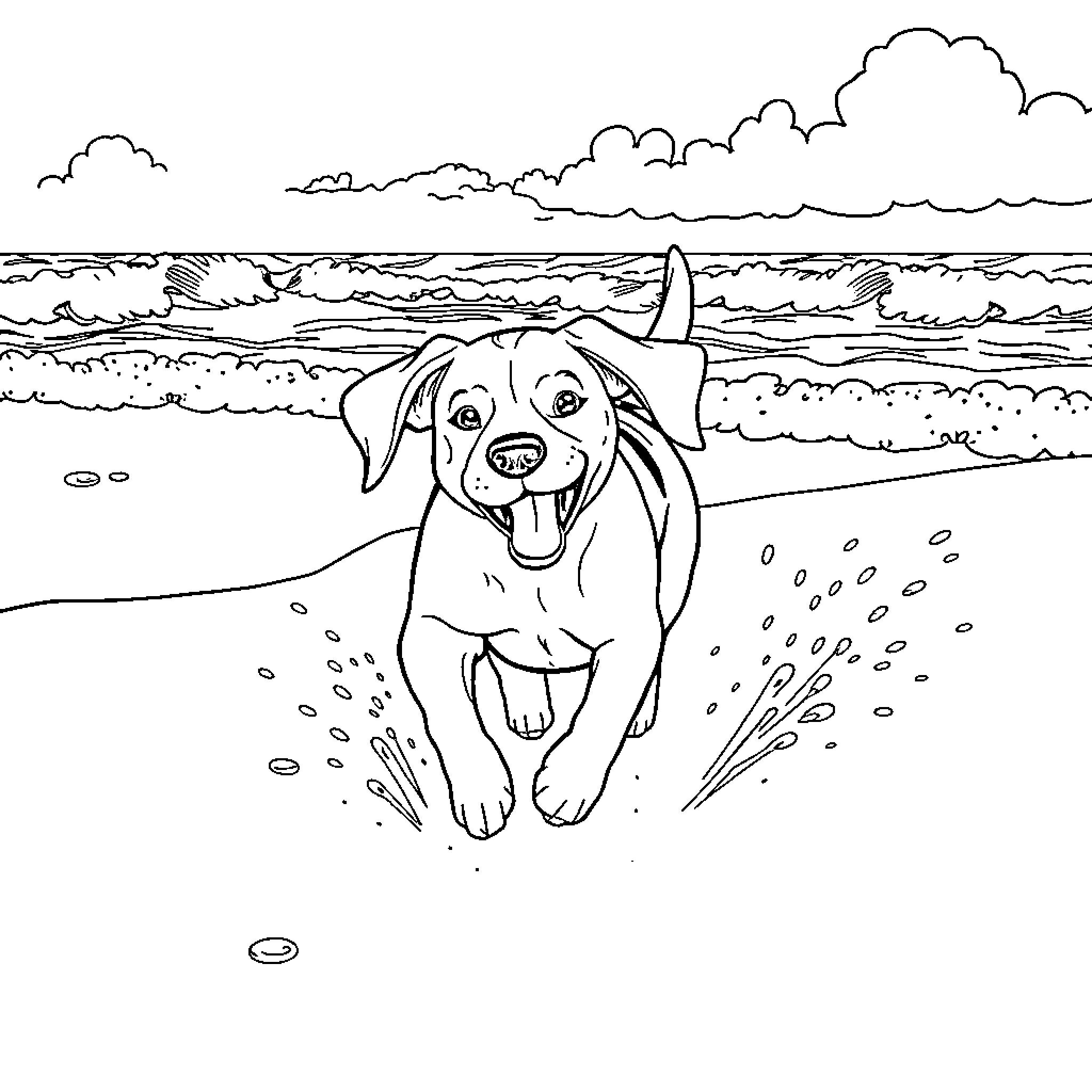 Beagle happily playing in the waves Coloring Page (free black-and-white line drawing printable PDF for all, from beginners to advanced learners, including children, teens, adults, and seniors)