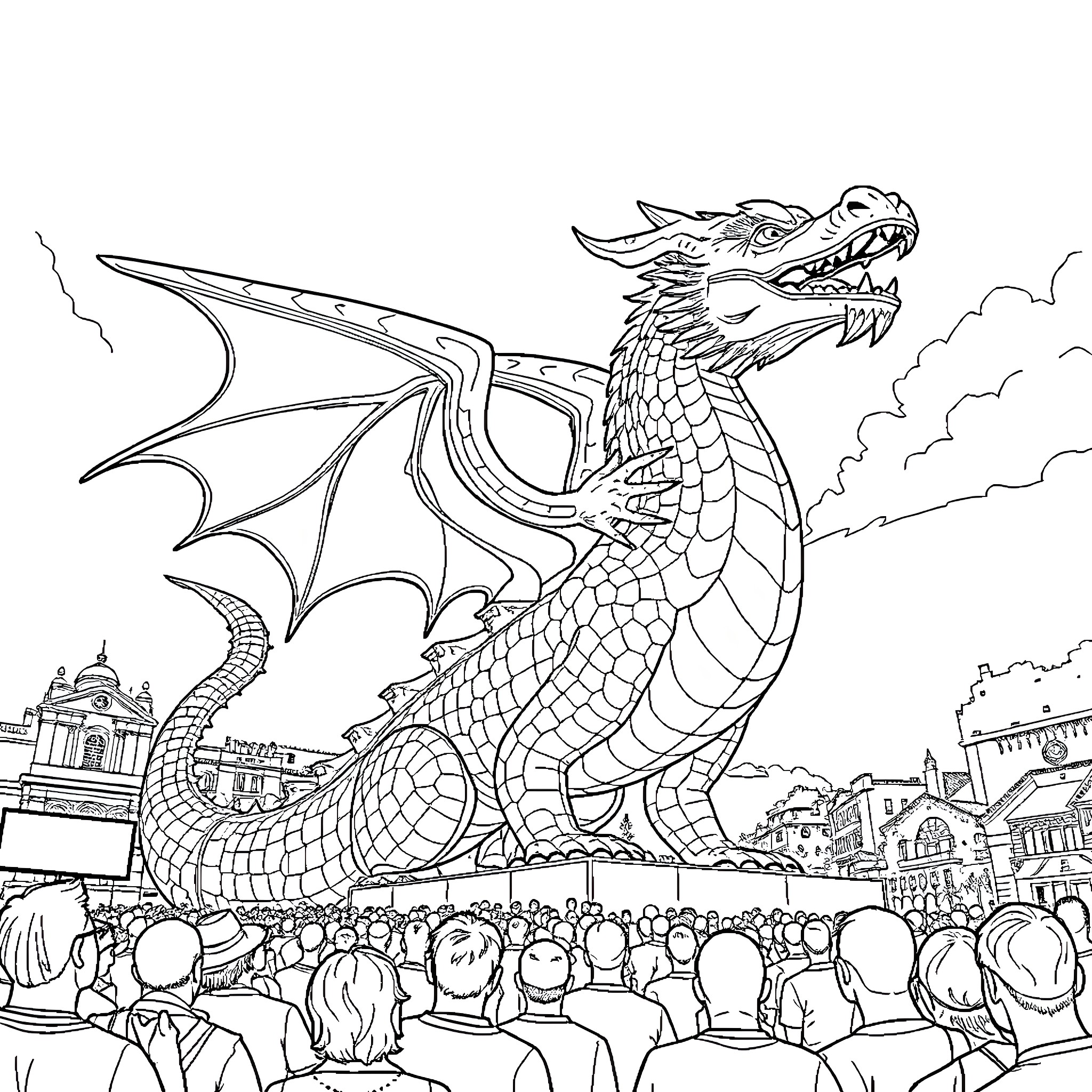 Eagle Dragon Statue Captivates Crowd in City Coloring Page (free black-and-white line drawing printable PDF for all, from beginners to advanced learners, including children, teens, adults, and seniors)