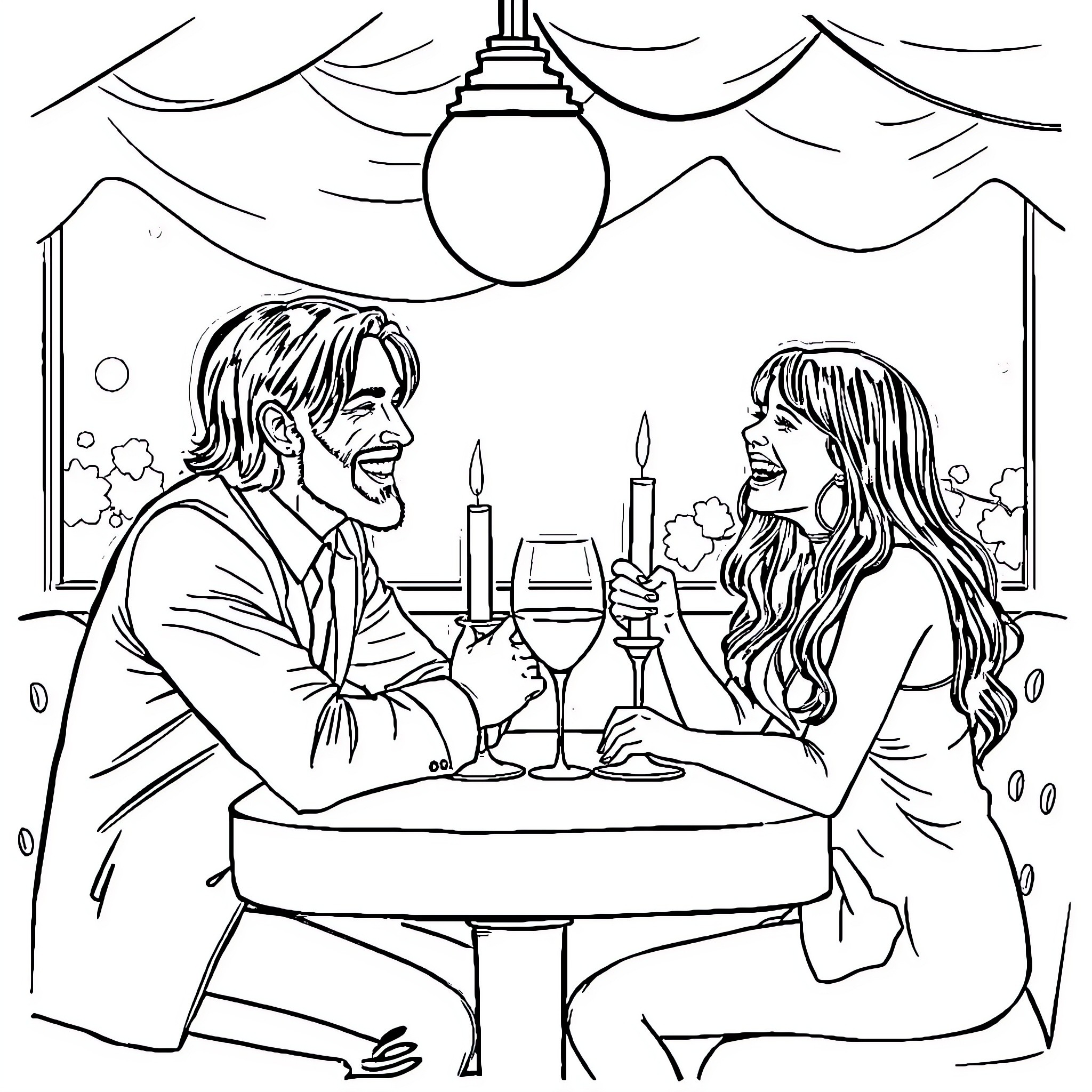 John Wick's Romantic Dinner Date Coloring Page (free black-and-white line drawing printable PDF for all, from beginners to advanced learners, including children, teens, adults, and seniors)