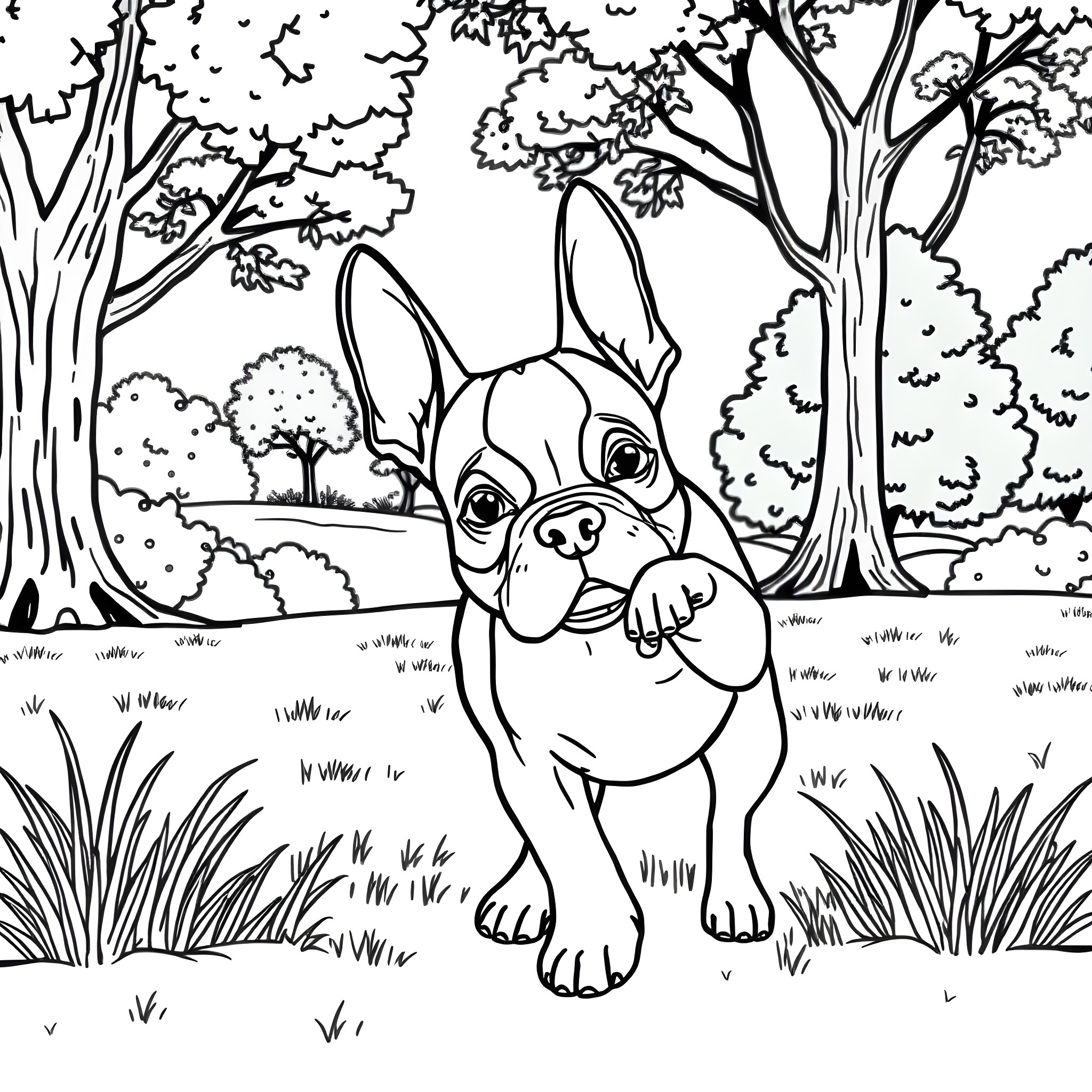 Boston Terrier enjoying the outdoors Coloring Page (free black-and-white line drawing printable PDF for all, from beginners to advanced learners, including children, teens, adults, and seniors)