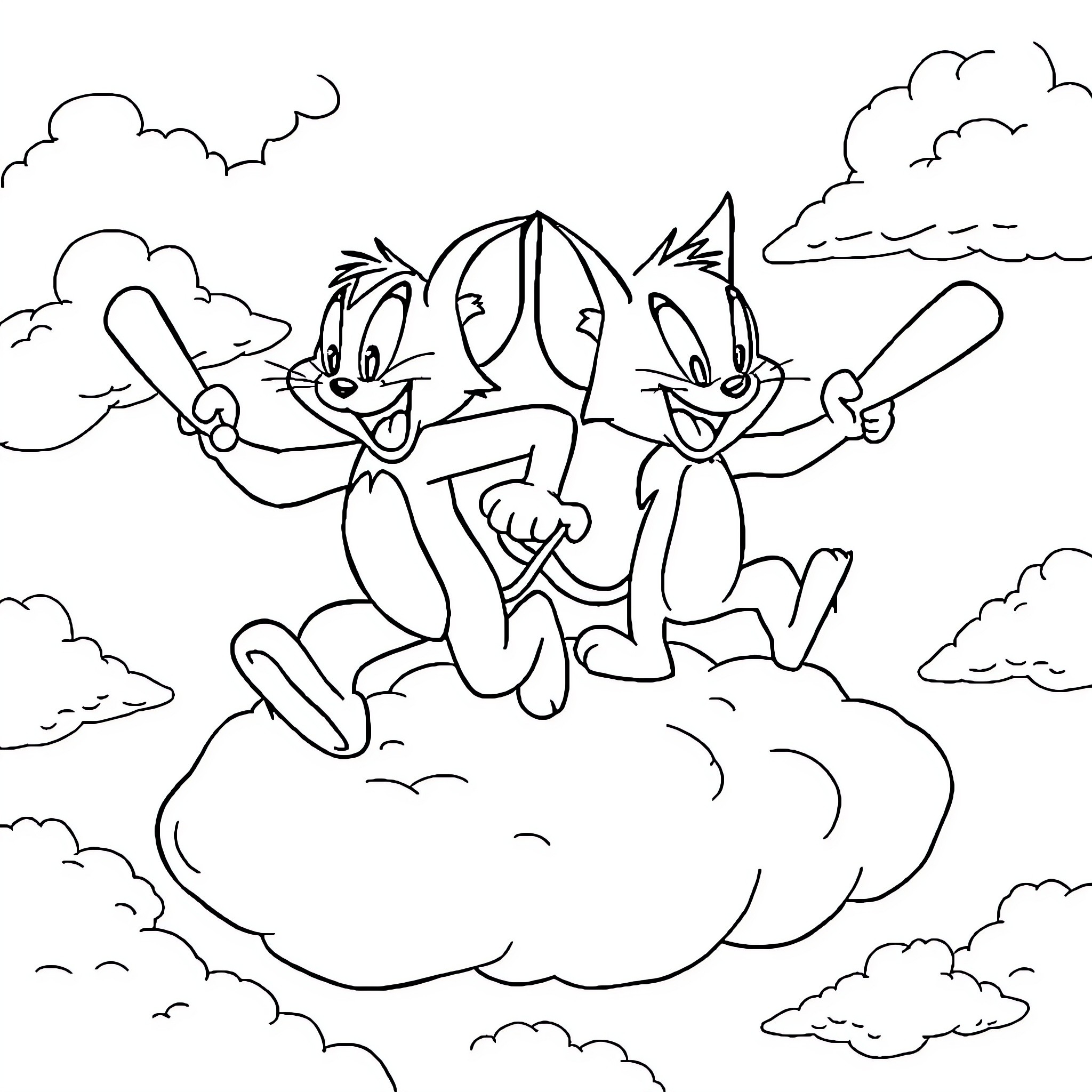 Tom and Jerry in a playful cloud-based adventure Coloring Page (free black-and-white line drawing printable PDF for all, from beginners to advanced learners, including children, teens, adults, and seniors)