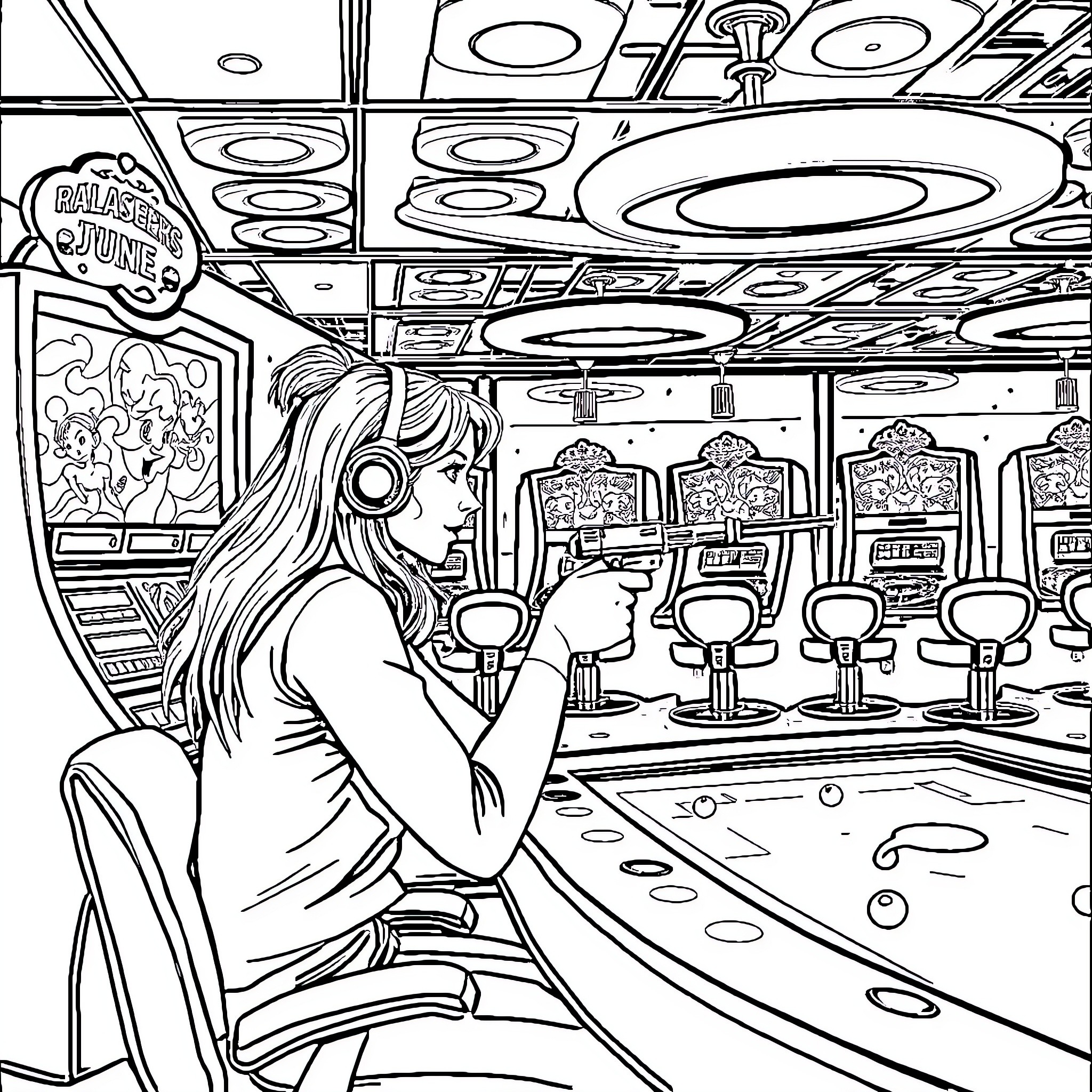 Dart Game in Retro Arcade Hall Coloring Page (free black-and-white line drawing printable PDF for all, from beginners to advanced learners, including children, teens, adults, and seniors)