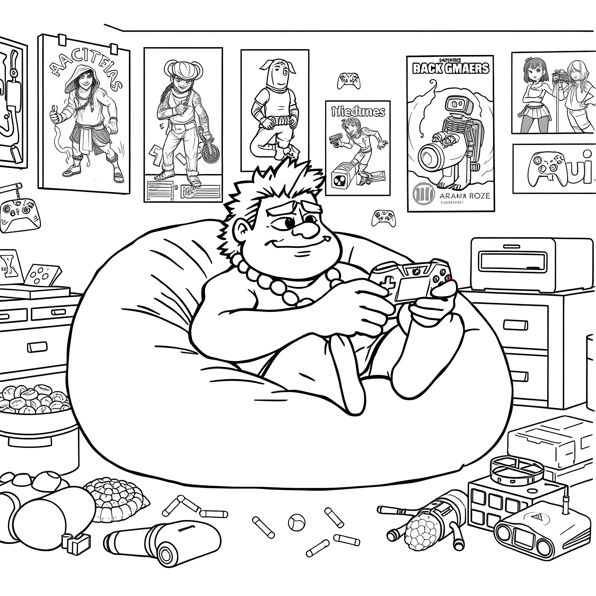 Maui enjoying gaming in his cozy room Coloring Page (free black-and-white line drawing printable PDF for all, from beginners to advanced learners, including children, teens, adults, and seniors)