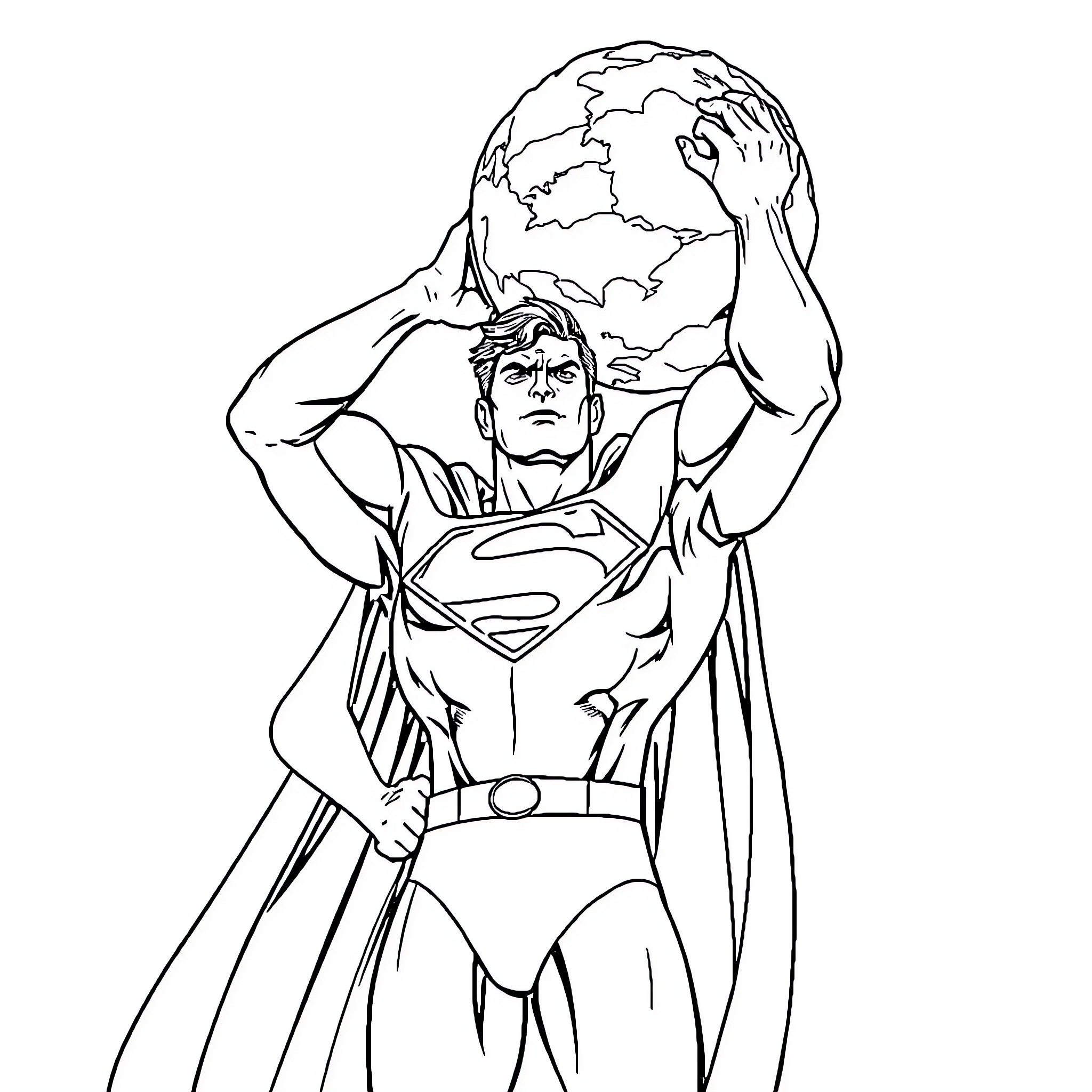 Superman heroically holding up the world Coloring Page (free black-and-white line drawing printable PDF for all, from beginners to advanced learners, including children, teens, adults, and seniors)
