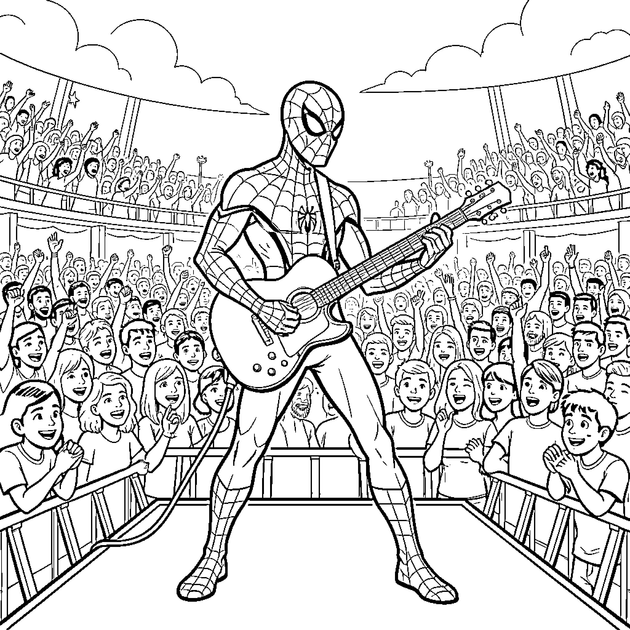 Spider-Man playing electric guitar on a concert stage Coloring Page (free black-and-white line drawing printable PDF for all, from beginners to advanced learners, including children, teens, adults, and seniors)