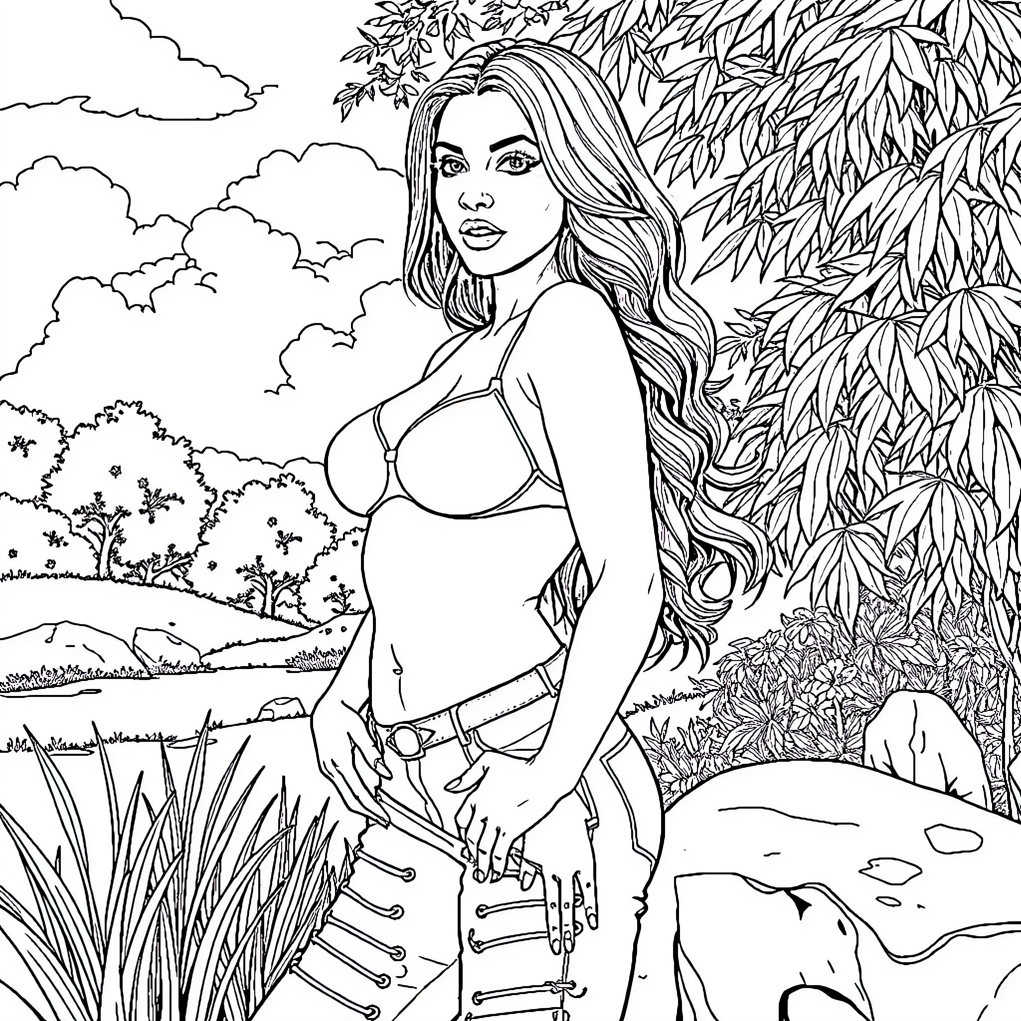 Nicki Nicole - Artistic Expression in Nature Coloring Page (free black-and-white line drawing printable PDF for all, from beginners to advanced learners, including children, teens, adults, and seniors)