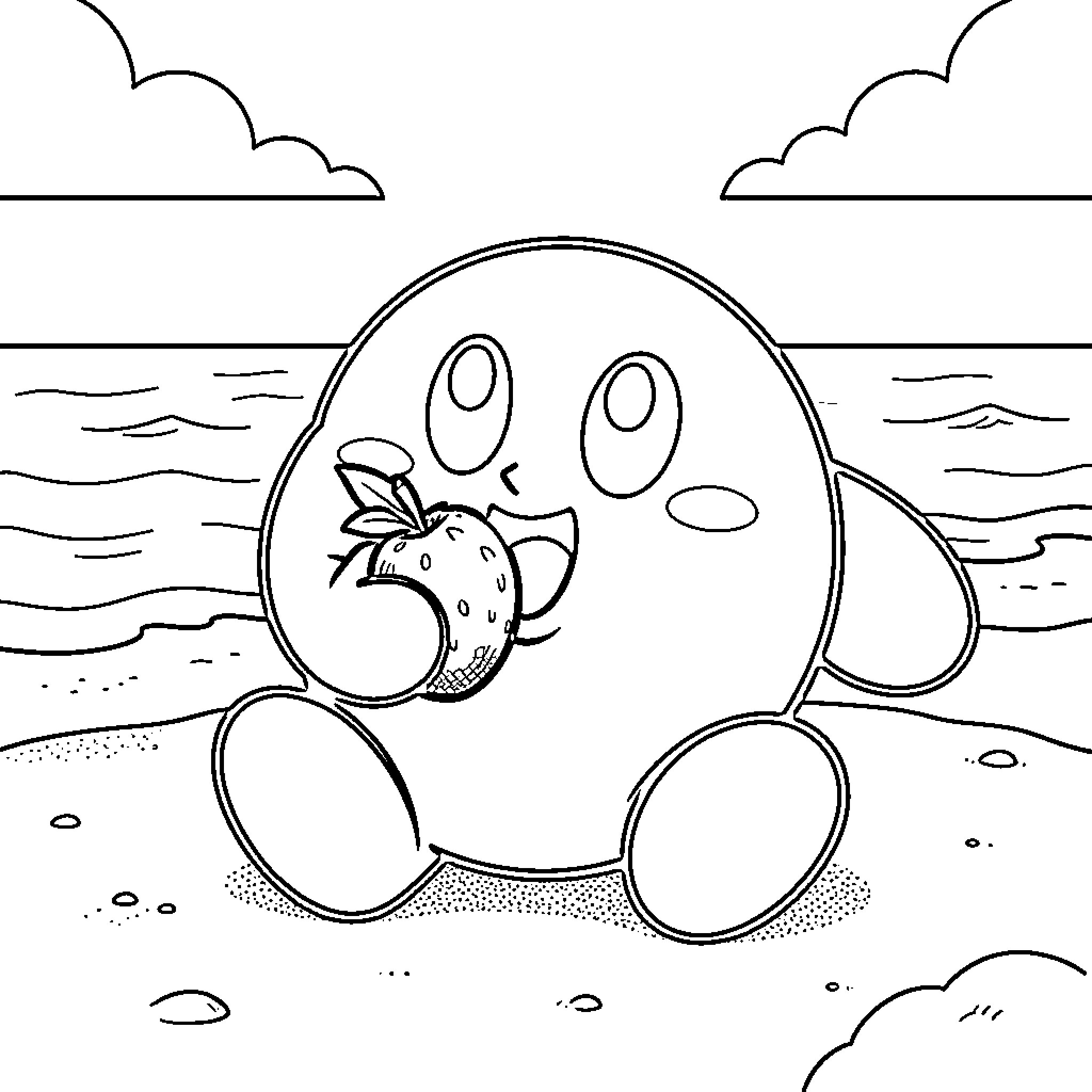 Kirby playing with apple on the beach Coloring Page (free black-and-white line drawing printable PDF for all, from beginners to advanced learners, including children, teens, adults, and seniors)