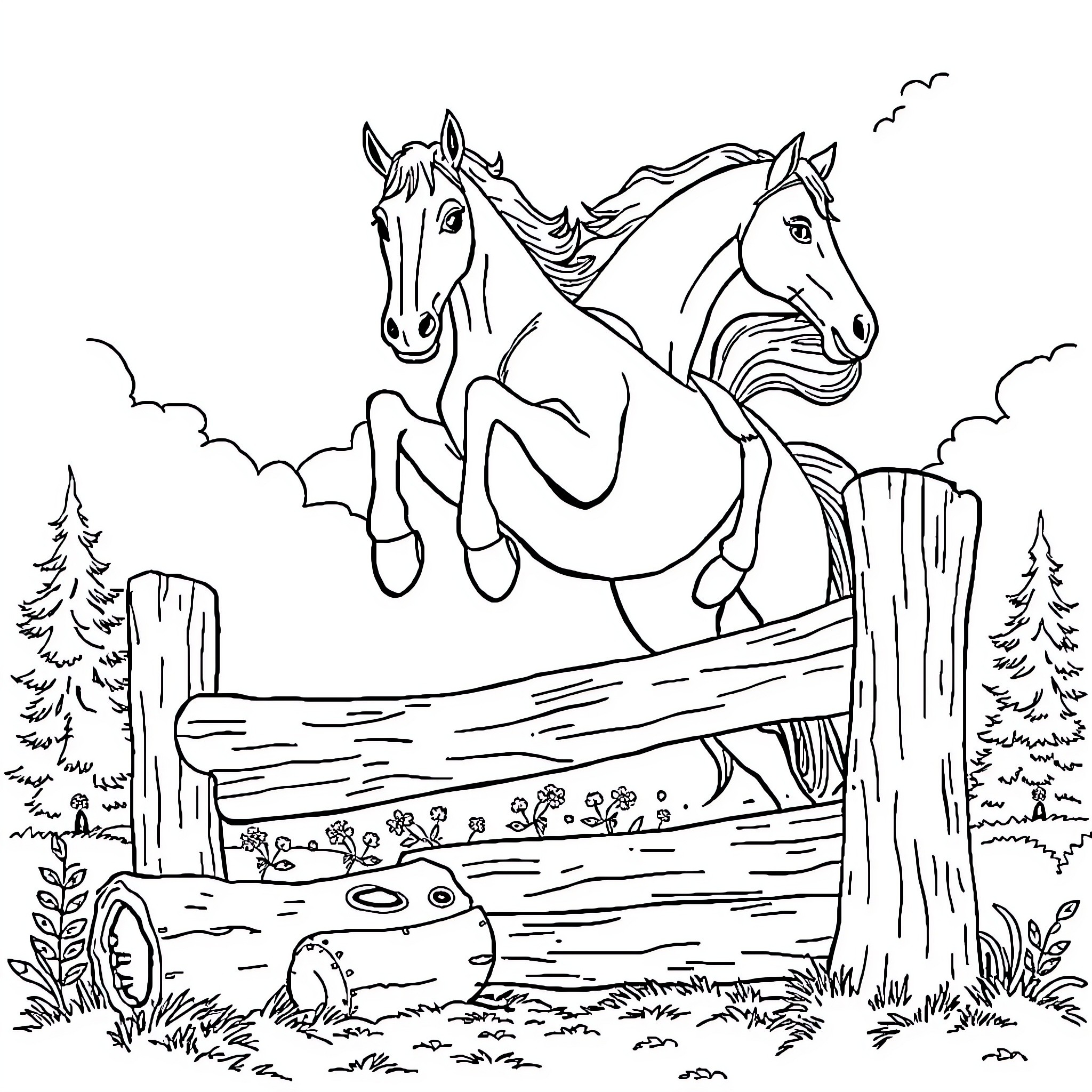 Horse jumping over wooden fence in scenic landscape Coloring Page (free black-and-white line drawing printable PDF for all, from beginners to advanced learners, including children, teens, adults, and seniors)