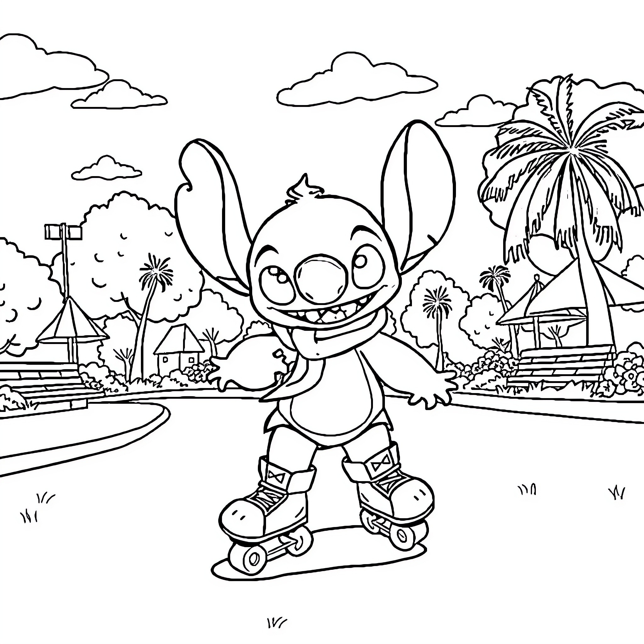 Stitch having fun on roller skates in tropical scene Coloring Page (free black-and-white line drawing printable PDF for all, from beginners to advanced learners, including children, teens, adults, and seniors)
