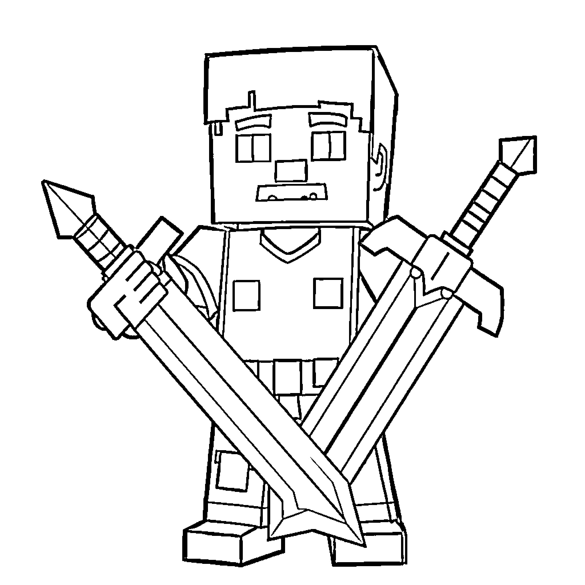 Steve the Warrior Holding Swords Coloring Page (free black-and-white line drawing printable PDF for all, from beginners to advanced learners, including children, teens, adults, and seniors)