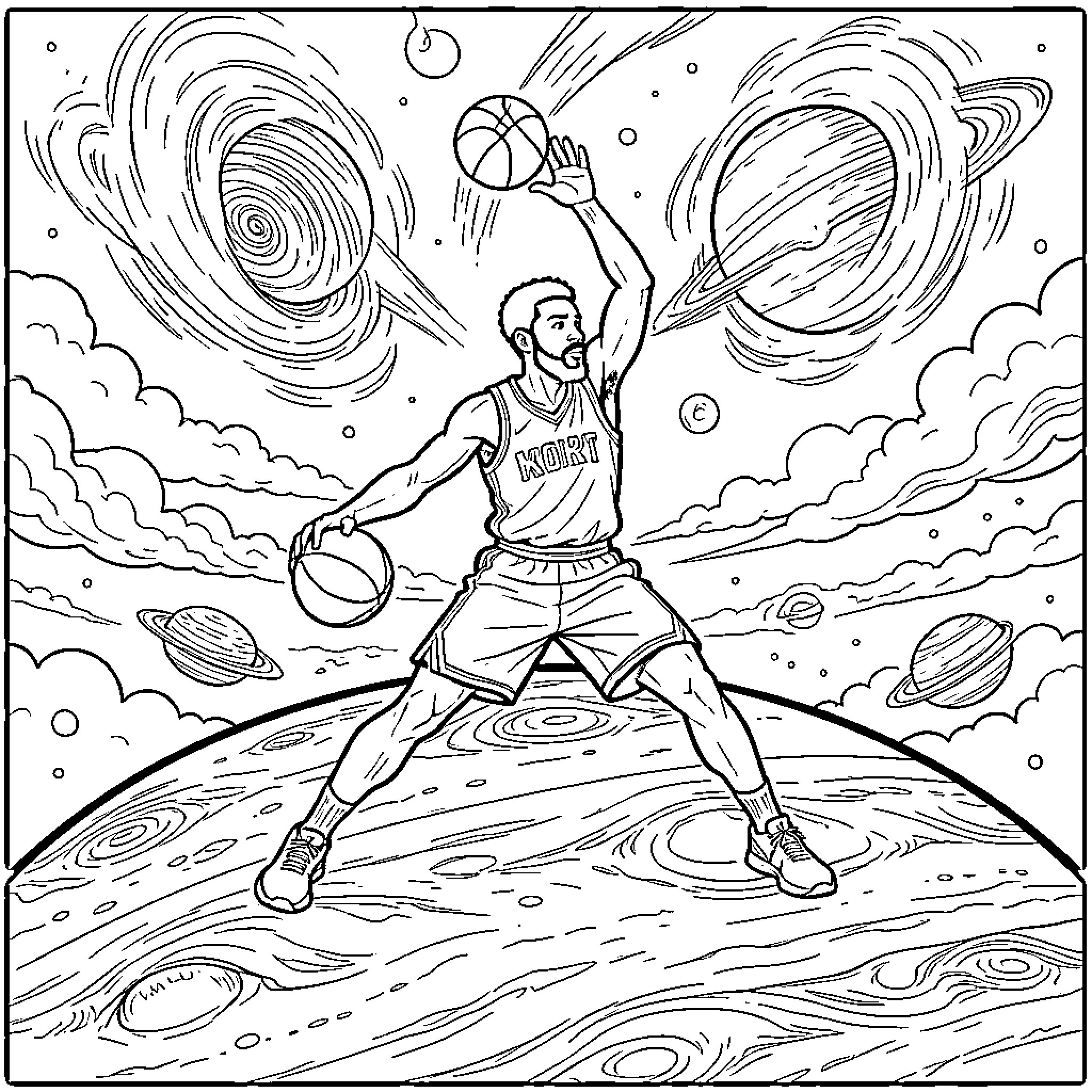 Kobe Bryant Dunking in Cosmic Basketball Court Coloring Page (free black-and-white line drawing printable PDF for all, from beginners to advanced learners, including children, teens, adults, and seniors)