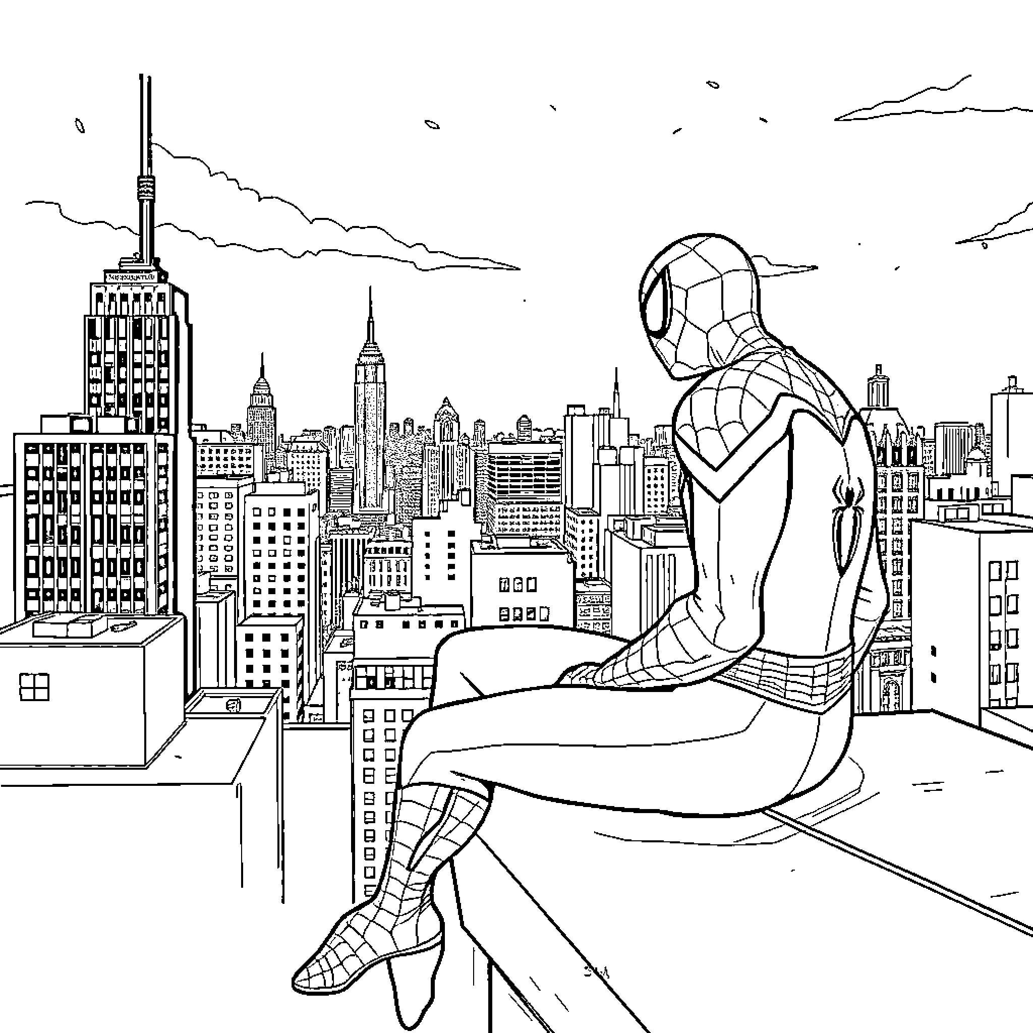 Spider-Man swinging through the New York City skyline Coloring Page (free black-and-white line drawing printable PDF for all, from beginners to advanced learners, including children, teens, adults, and seniors)