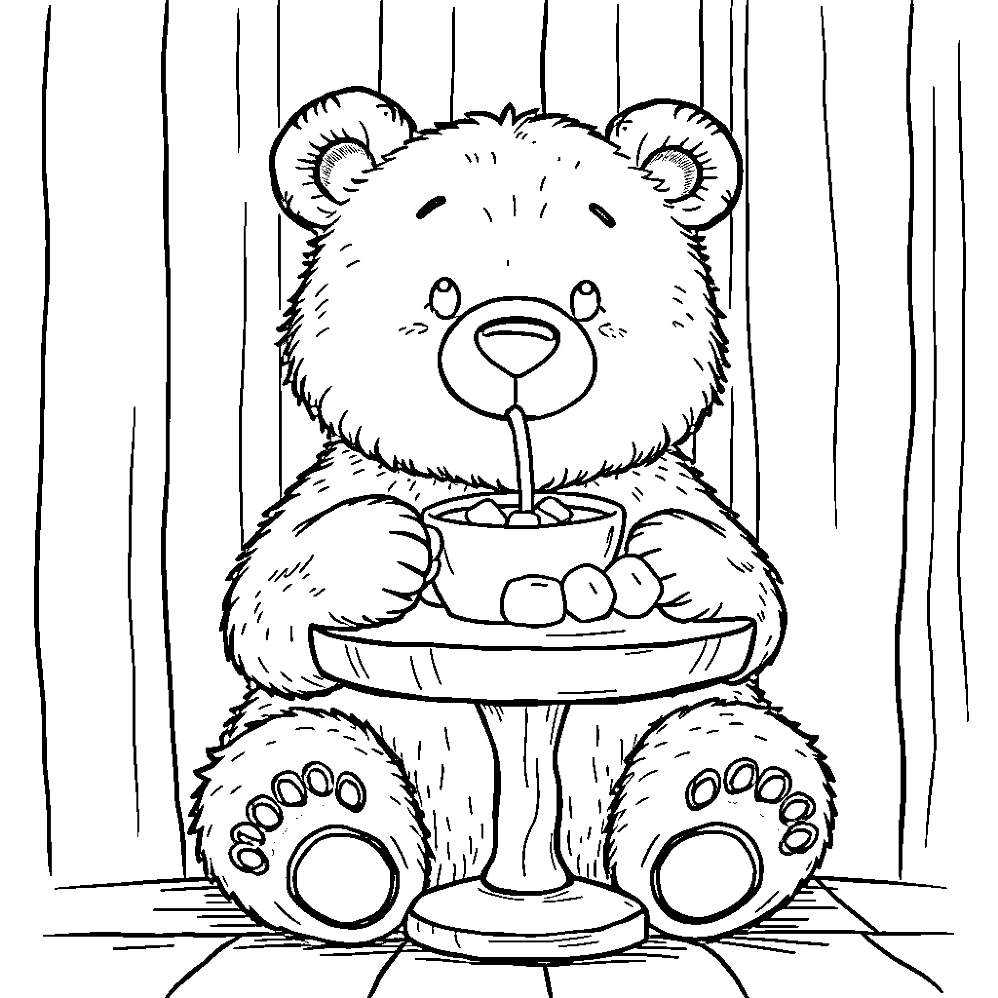Bear enjoying a snack in cozy setting Coloring Page (free black-and-white line drawing printable PDF for all, from beginners to advanced learners, including children, teens, adults, and seniors)