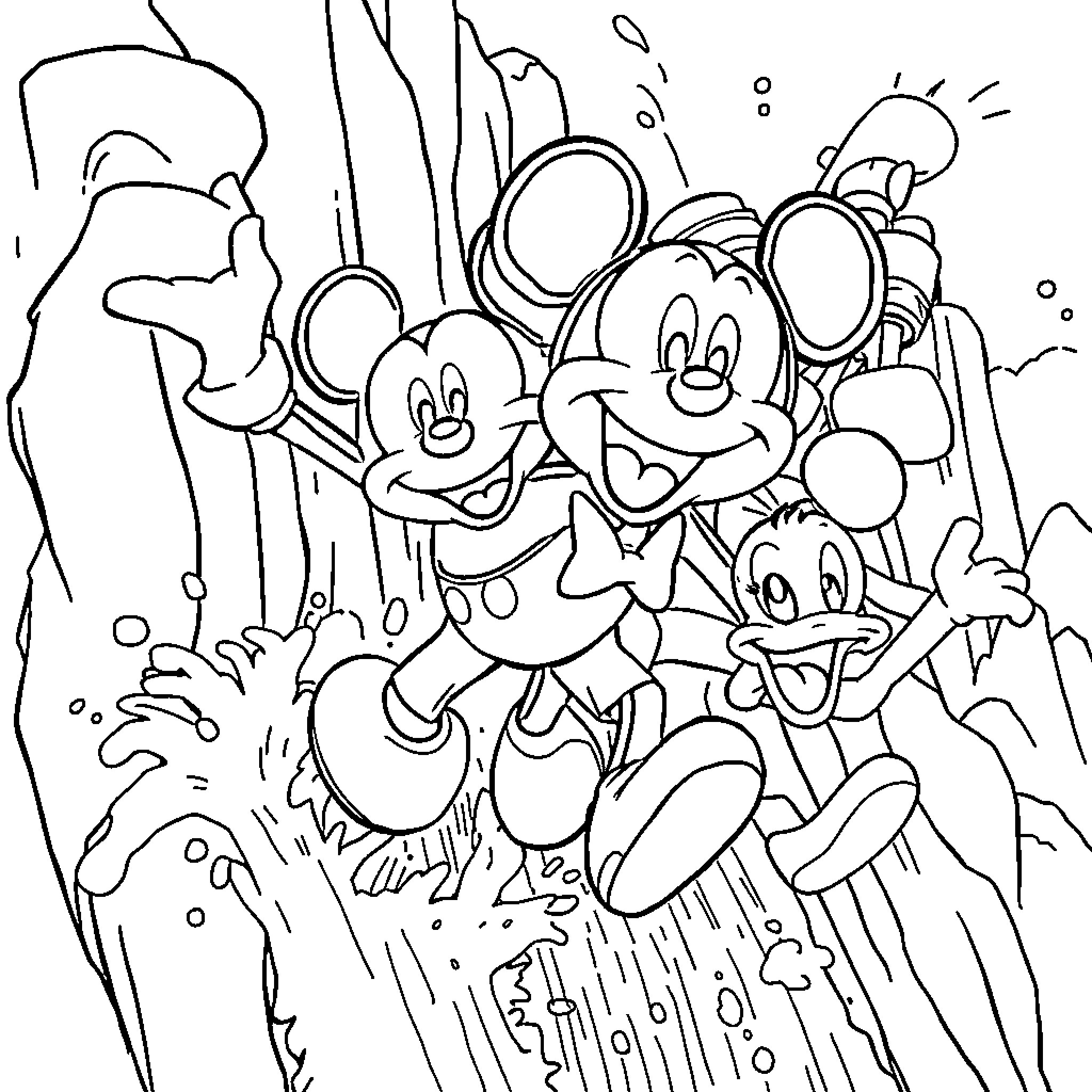 Mickey and Friends in Playful Adventure Coloring Page (free black-and-white line drawing printable PDF for all, from beginners to advanced learners, including children, teens, adults, and seniors)