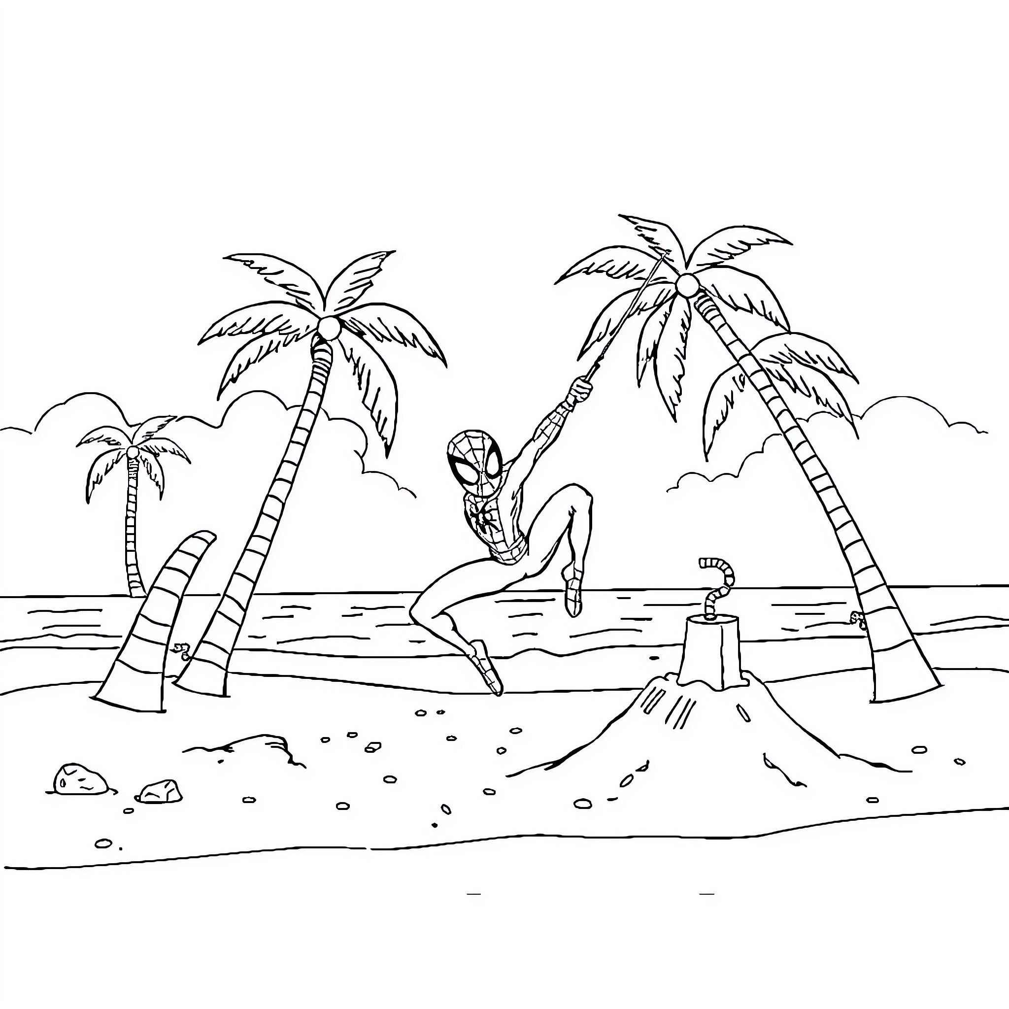 Spidey swinging on tropical beach with palm trees Coloring Page (free black-and-white line drawing printable PDF for all, from beginners to advanced learners, including children, teens, adults, and seniors)
