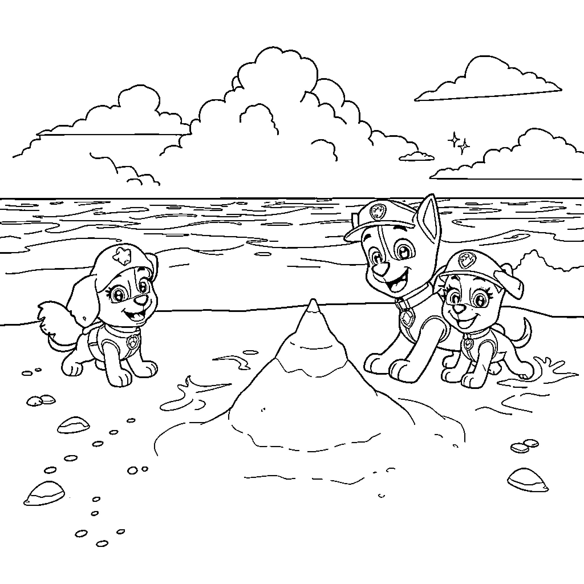 Paw Patrol puppies playing on the beach Coloring Page (free black-and-white line drawing printable PDF for all, from beginners to advanced learners, including children, teens, adults, and seniors)